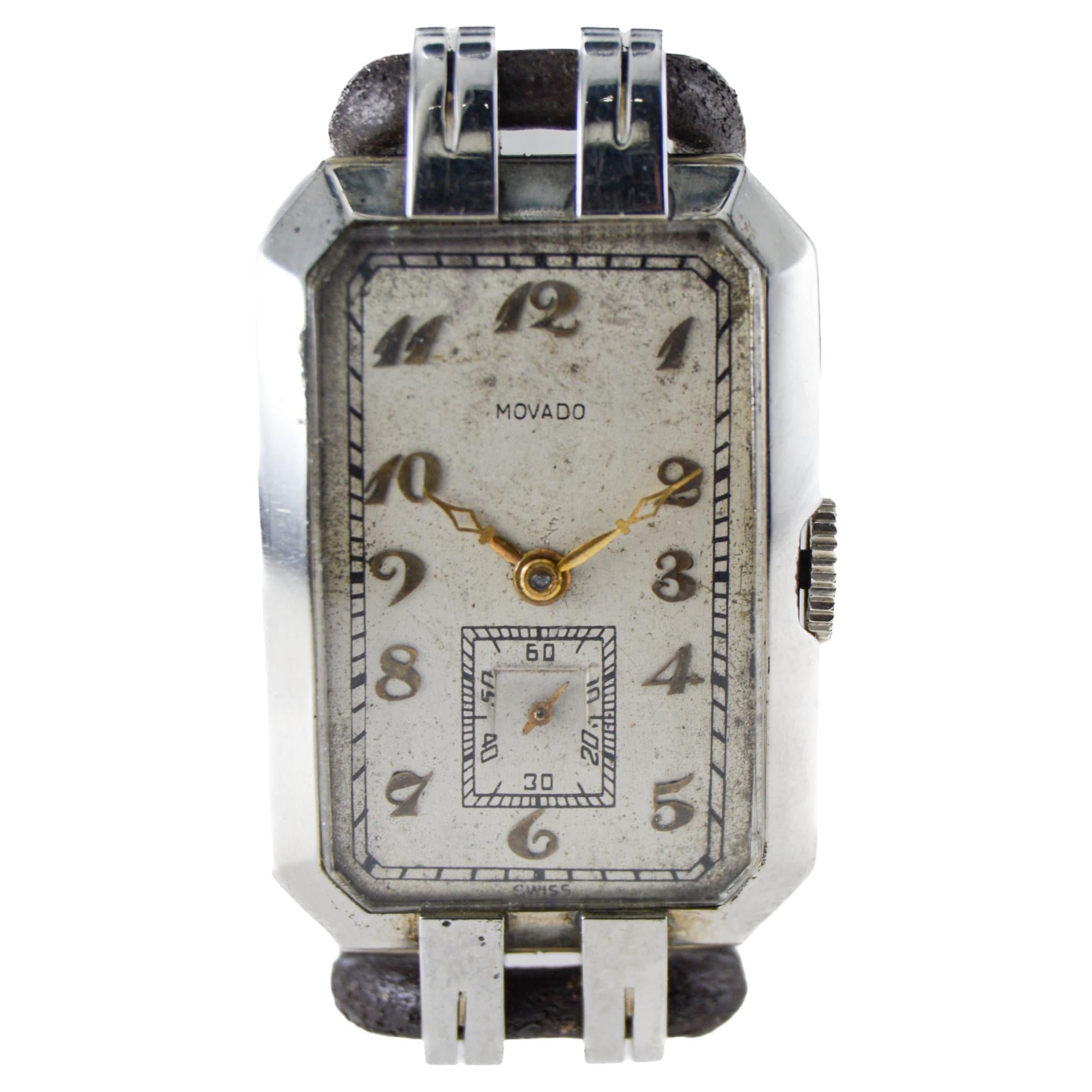 Movado 18Kt. White Gold  Art Deco Watch with Leather Cord Band circa 1930's For Sale