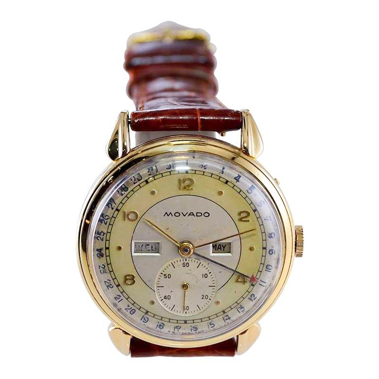 Movado 18kt. Yellow Gold Art Deco Calendar Watch from 1940's with Original Dial For Sale 1
