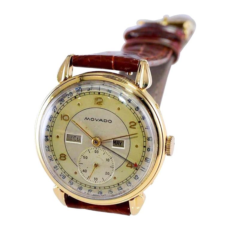 Movado 18kt. Yellow Gold Art Deco Calendar Watch from 1940's with Original Dial For Sale 2