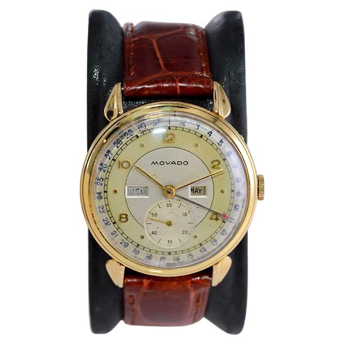 Movado 18kt. Yellow Gold Art Deco Calendar Watch from 1940's with Original Dial For Sale