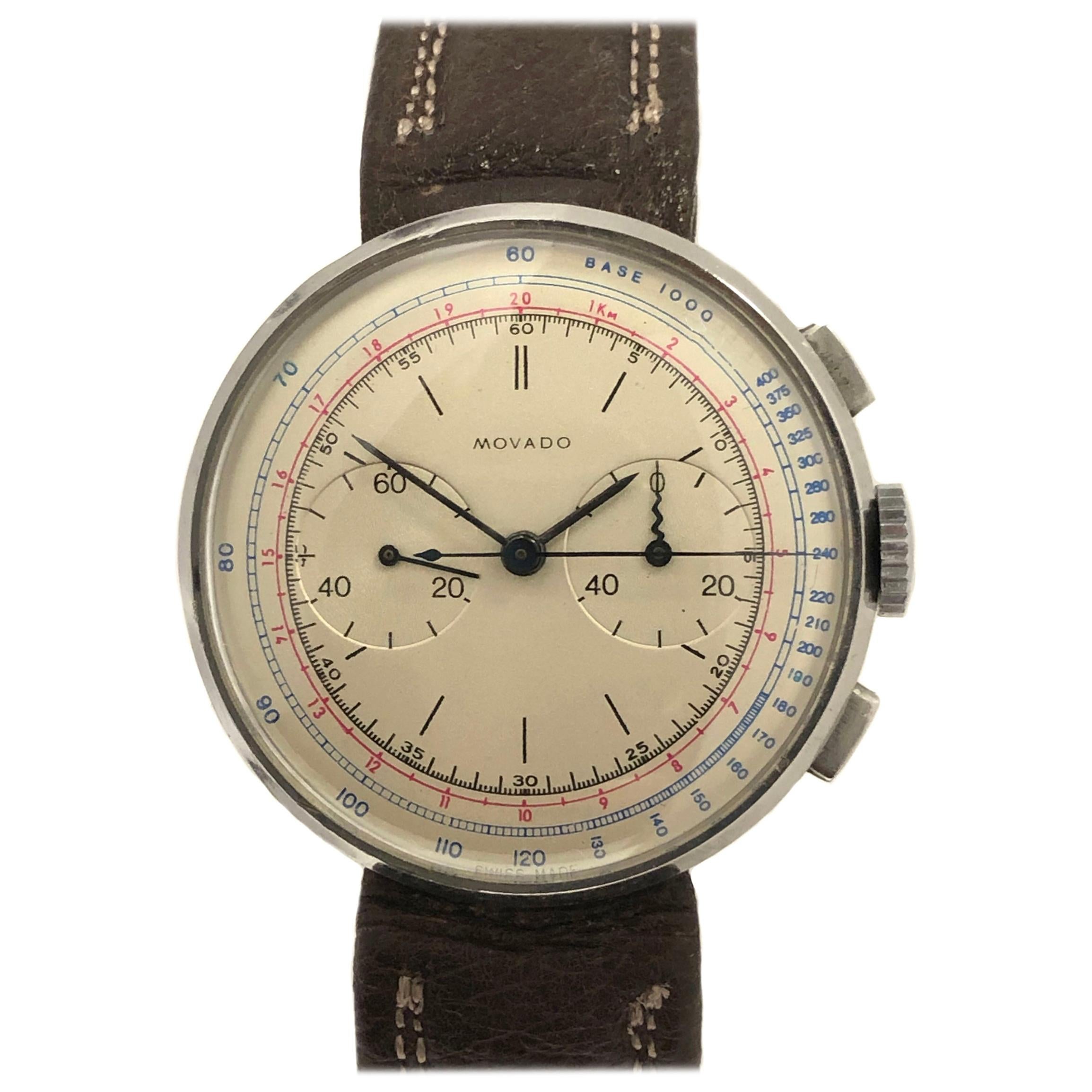 Montre-bracelet chronographe Movado 1930 en acier fin et rare à 2 registres, années 1930 en vente