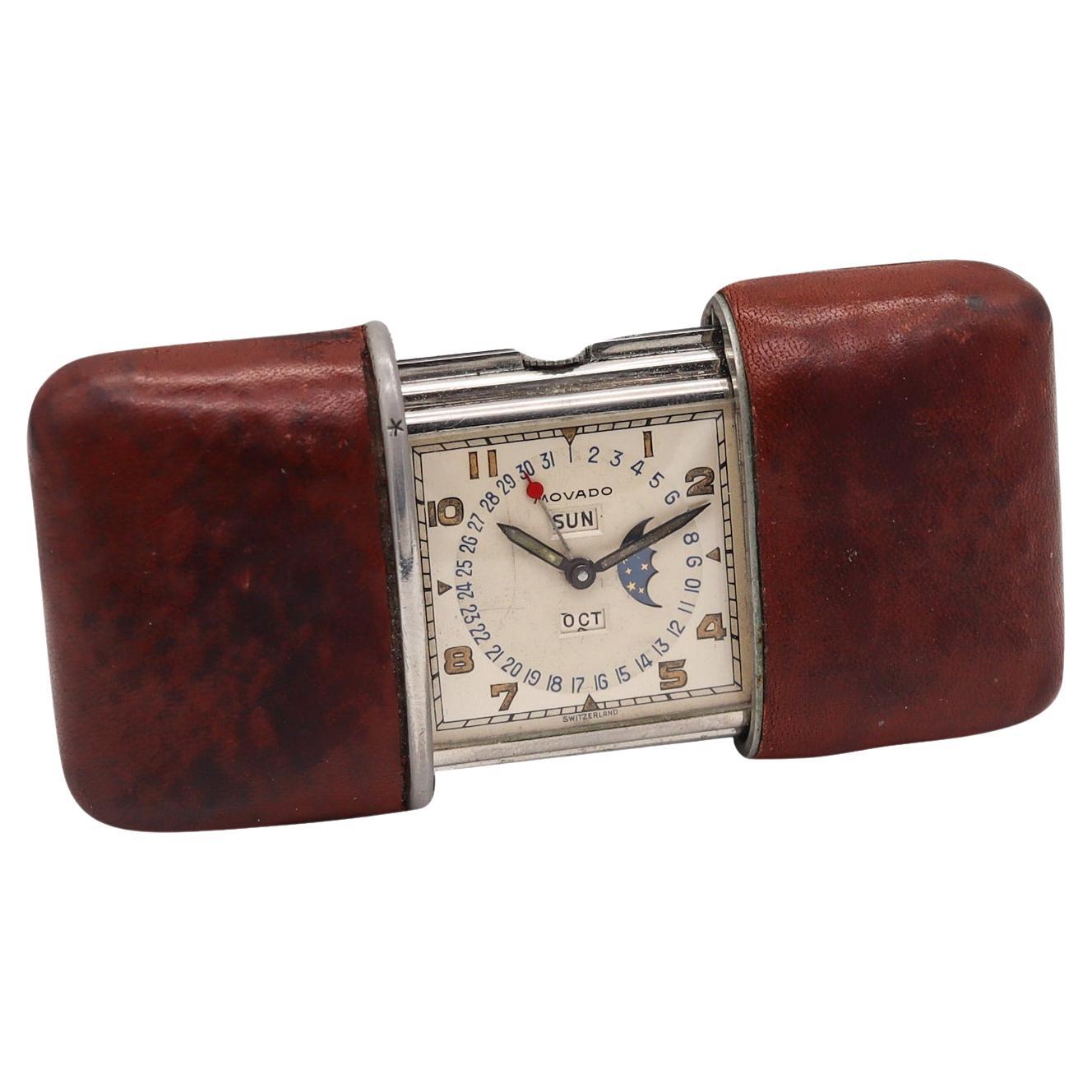 Movado 1948 Calendermeto Triple Date et Moonphase Travel Purse Clock & Leather