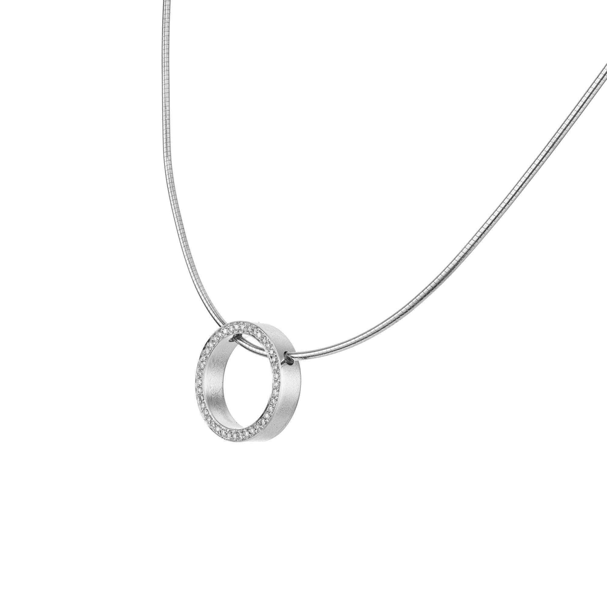 Round Cut Movado .20 Carat Round Diamond White Gold Circle Pendant Necklace For Sale
