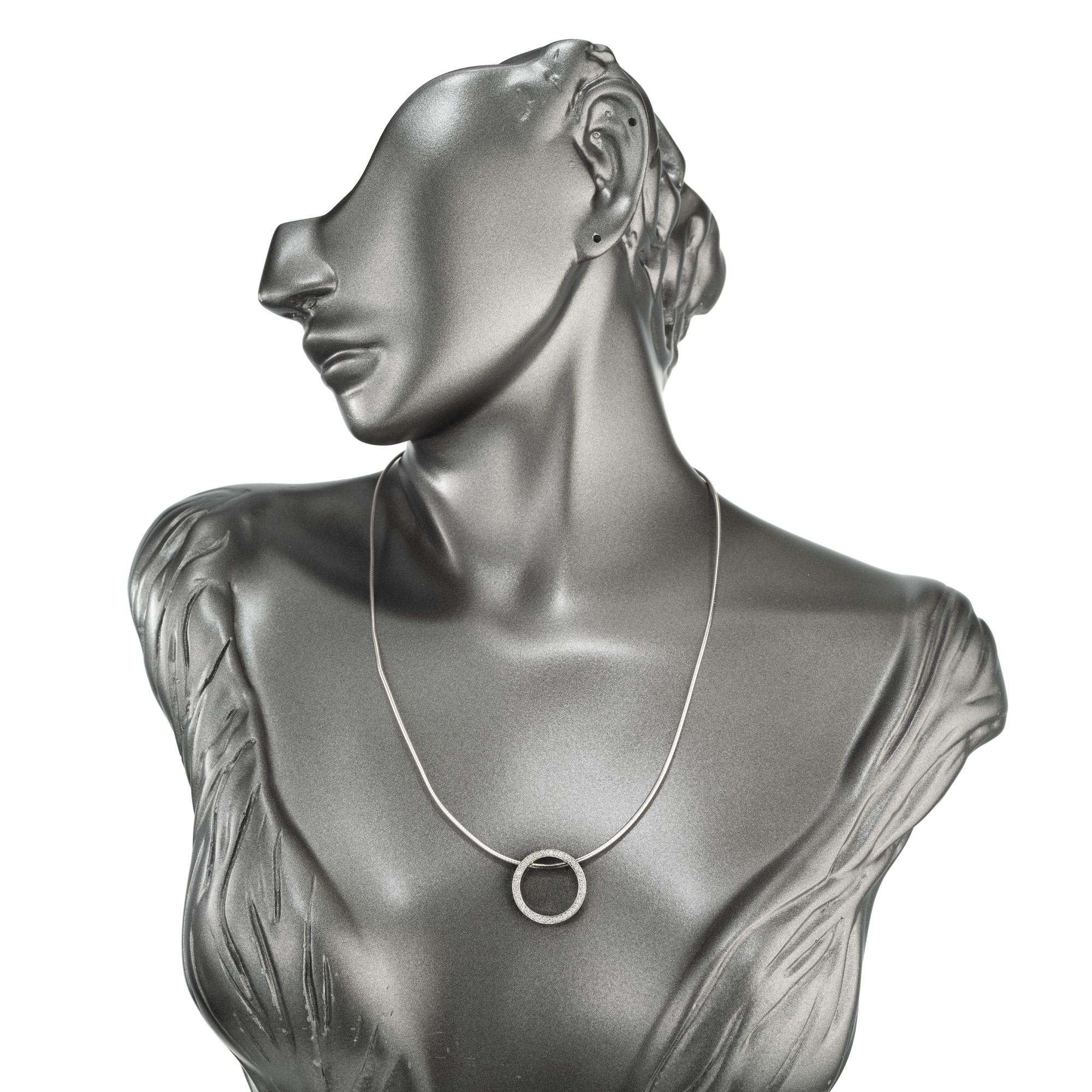 Movado .20 Carat Round Diamond White Gold Circle Pendant Necklace For Sale 4
