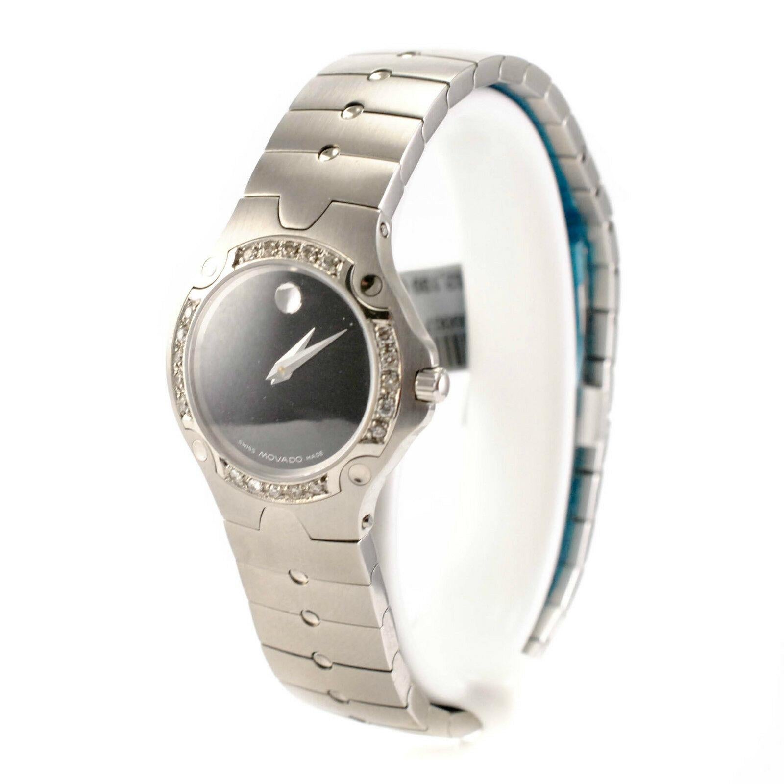 Modern Movado 84 A1 1831 Women's Quartz Watch Stainless Steel Black Dial Diamond Bezel For Sale
