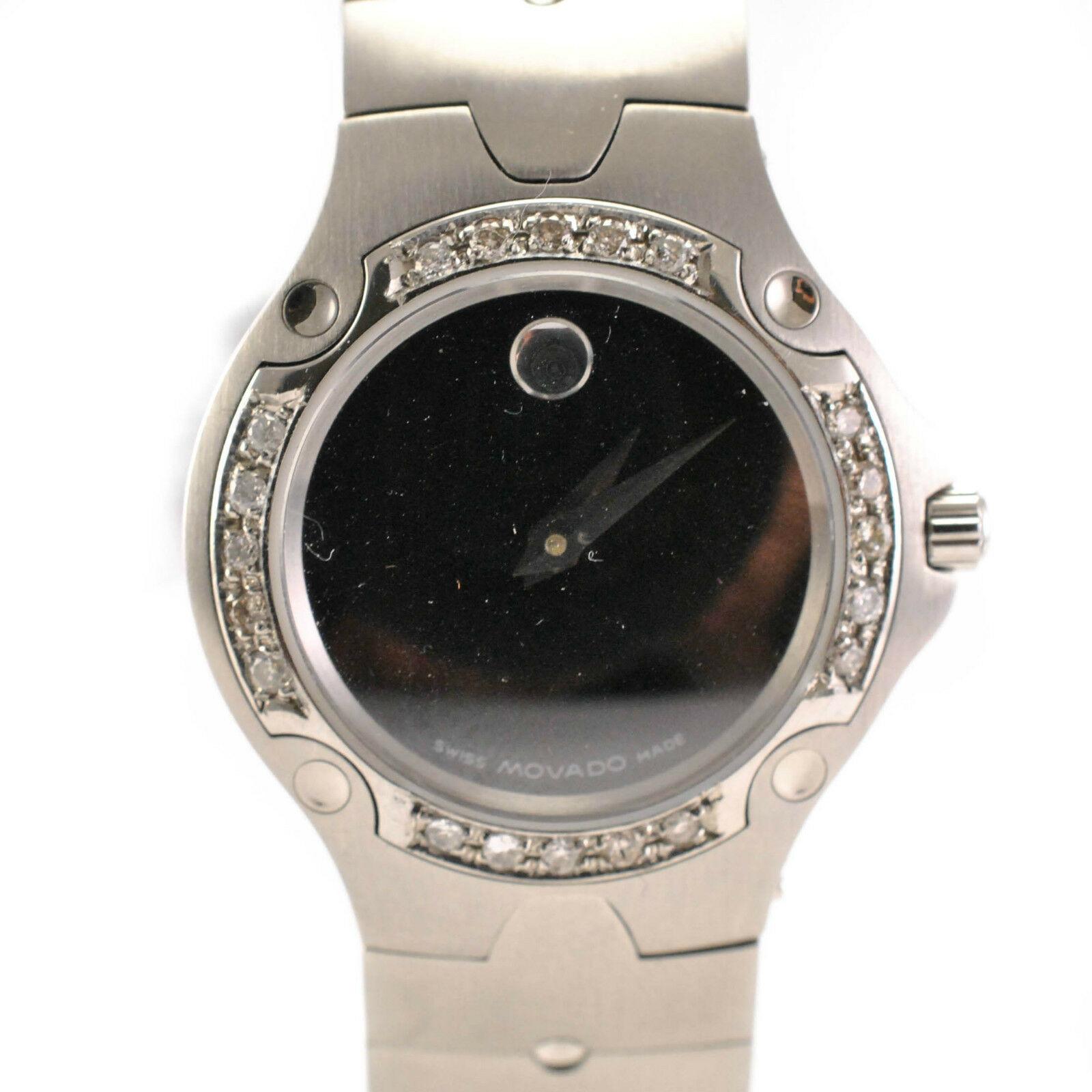 Movado 84 A1 1831 Women's Quartz Watch Stainless Steel Black Dial Diamond Bezel In Excellent Condition For Sale In Miami, FL