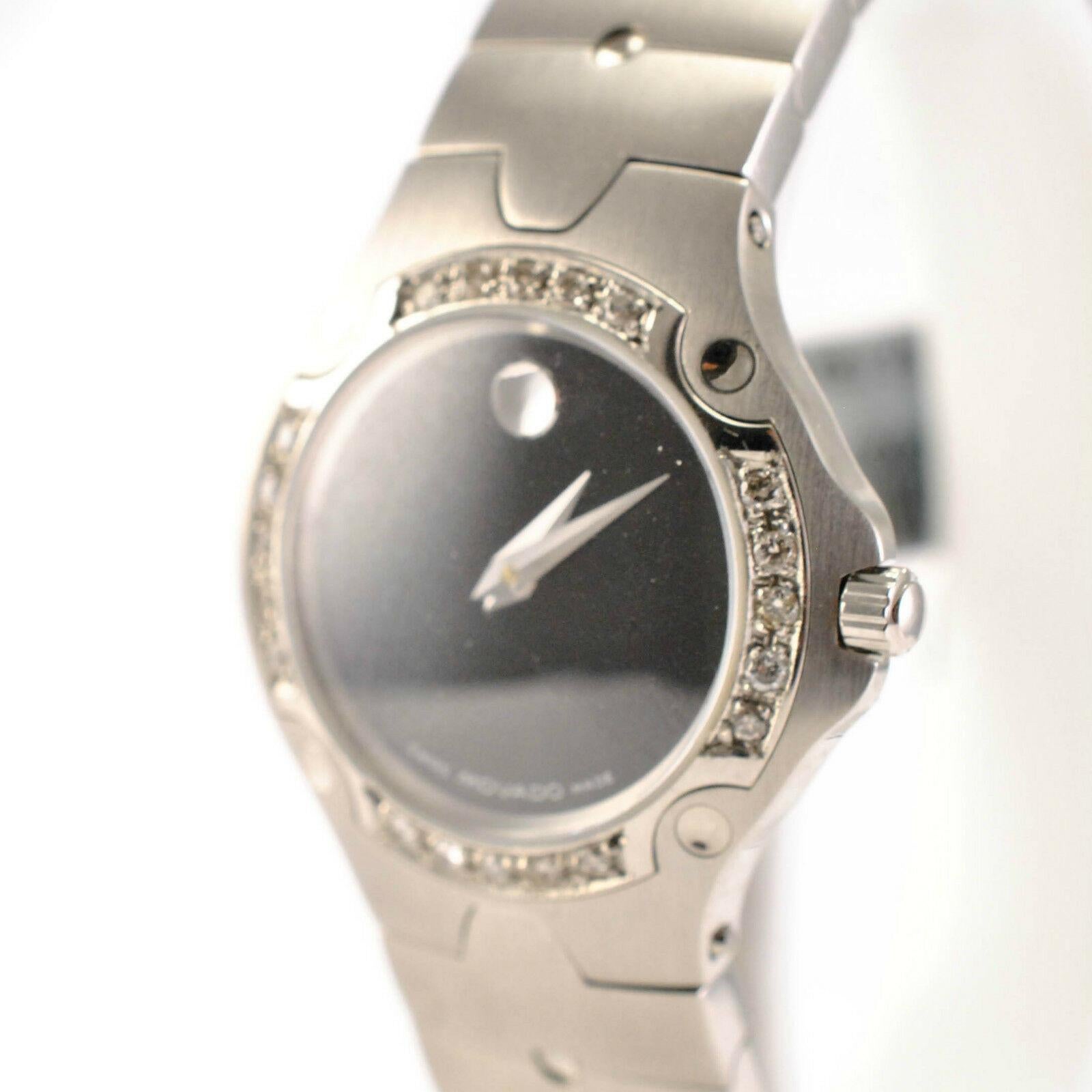 Movado 84 A1 1831 Women's Quartz Watch Stainless Steel Black Dial Diamond Bezel For Sale 1