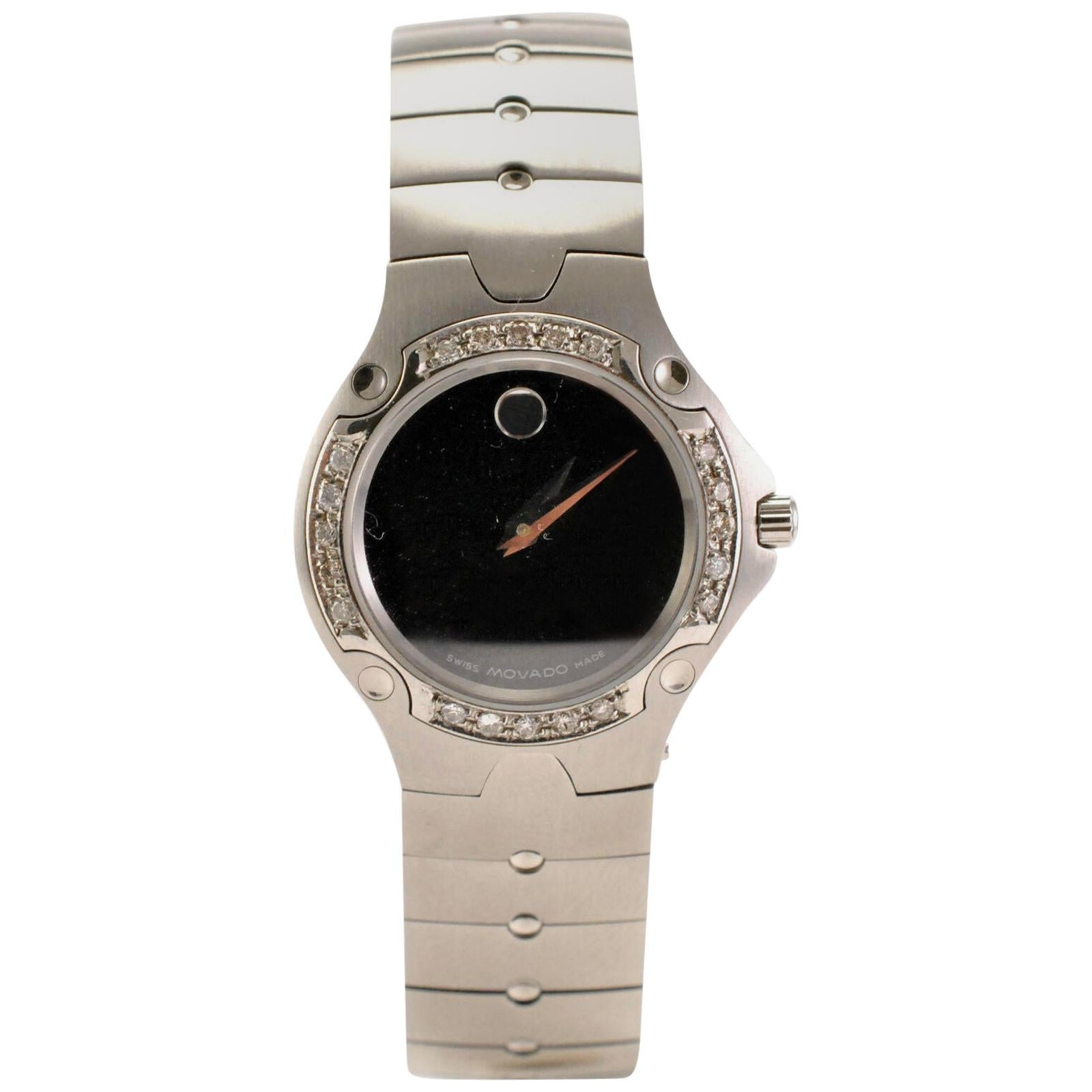 Movado 84 A1 1831 Women's Quartz Watch Stainless Steel Black Dial Diamond Bezel For Sale