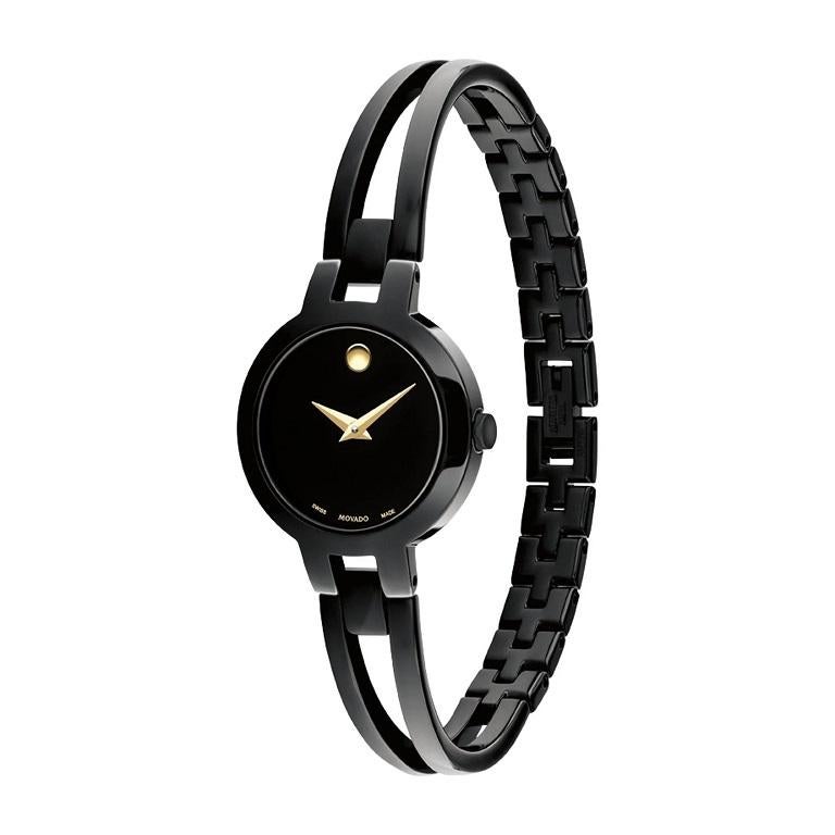 Movado Amorosa 24mm Black Dial & PVD Stainless Steel Quartz Ladies Watch 607795

Modern elegance with a sleekly sculpted silhouette. We’ve paired our iconic museum dial to a slender jewelry inspired bangle watch to create an effortlessly chic