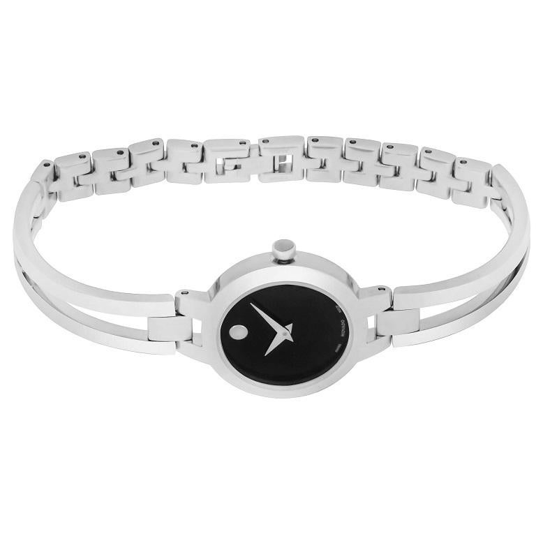 Women's Amorosa watch, 24 mm stainless steel case, black Museum dial with silver-toned dot and hands, stainless steel double-bar bangle-style bracelet with back sizing links and jewelry clasp.

Model No.: 607153
Movement: Swiss Quartz Movement
Case
