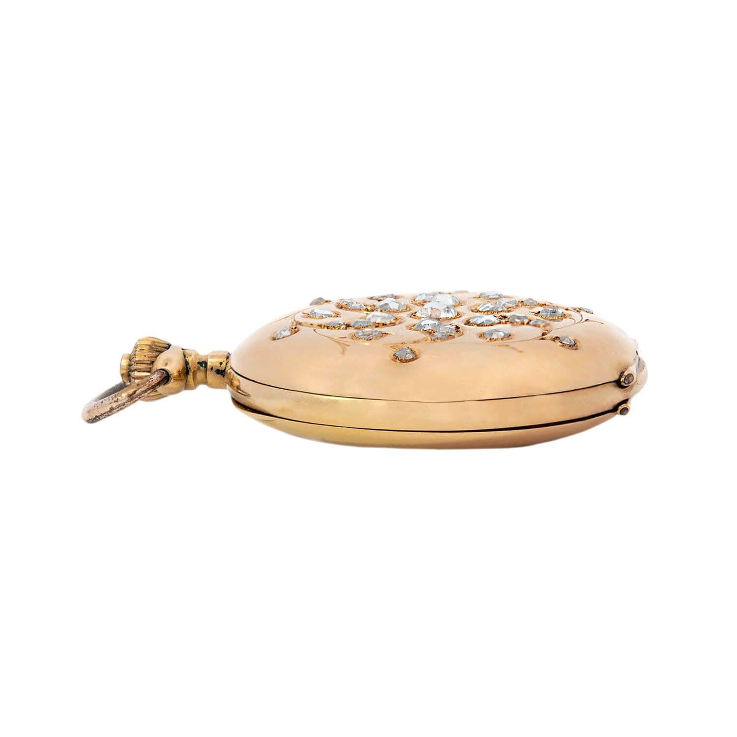 An absolutely exquisite diamond pocket watch from the Art Nouveau (1910) era! Swiss in origin, this beautiful piece is encapsulated in a hunter case that is crafted in 18kt gold and studded with 31 sparkling bead set Rose Cut diamonds with a total