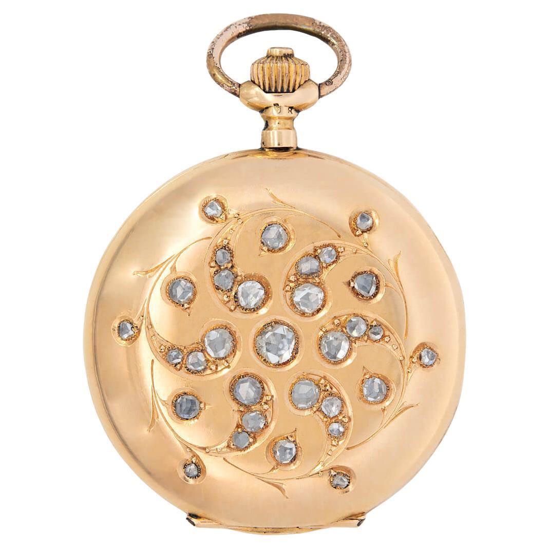 Montre de poche Movado Art Nouveau 1910 International Expo 18 carats avec diamants taille rose 1 carat en vente