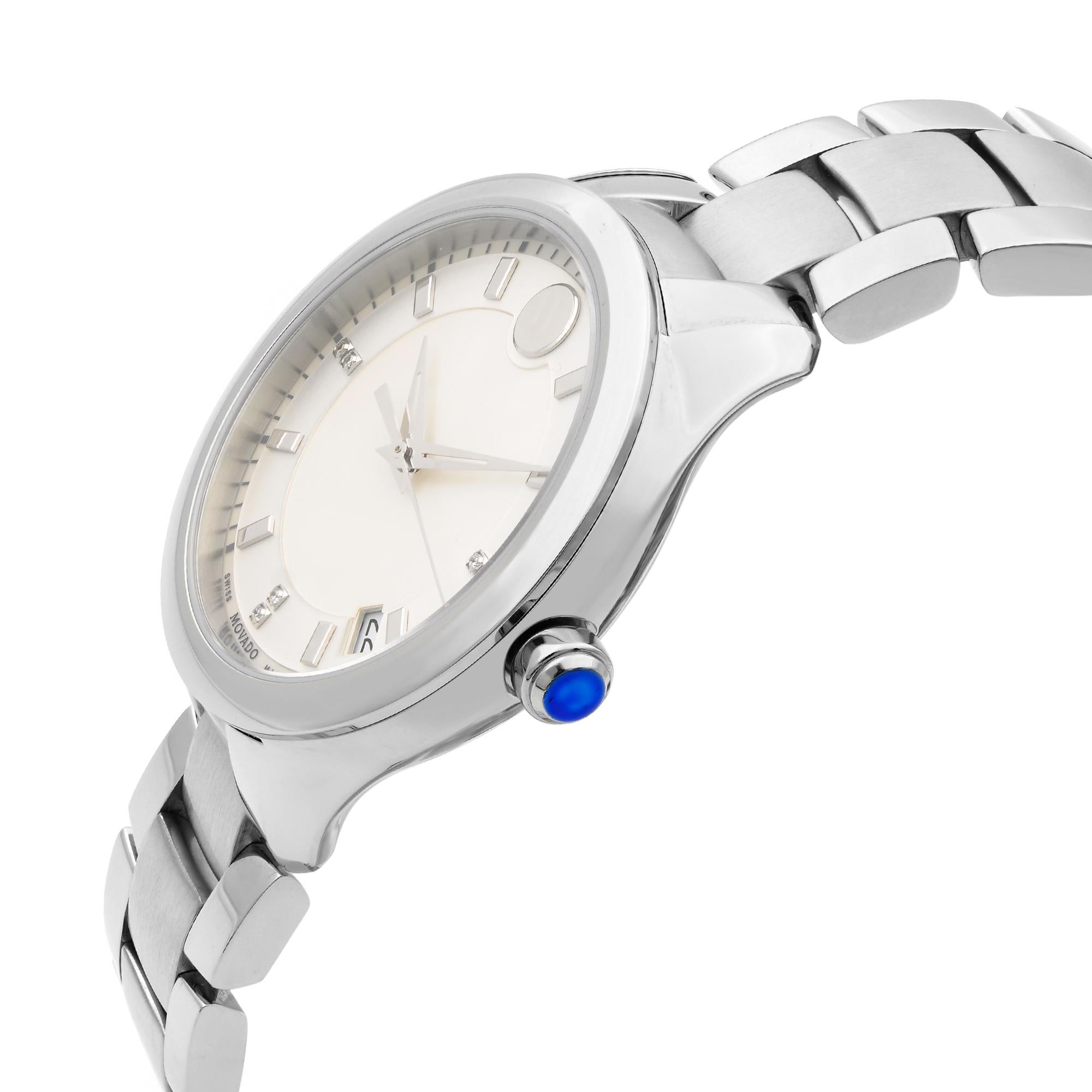 Movado Bellina Stainless Steel White Mother of Pearl Dial Ladies Watch 0606978 In New Condition In New York, NY