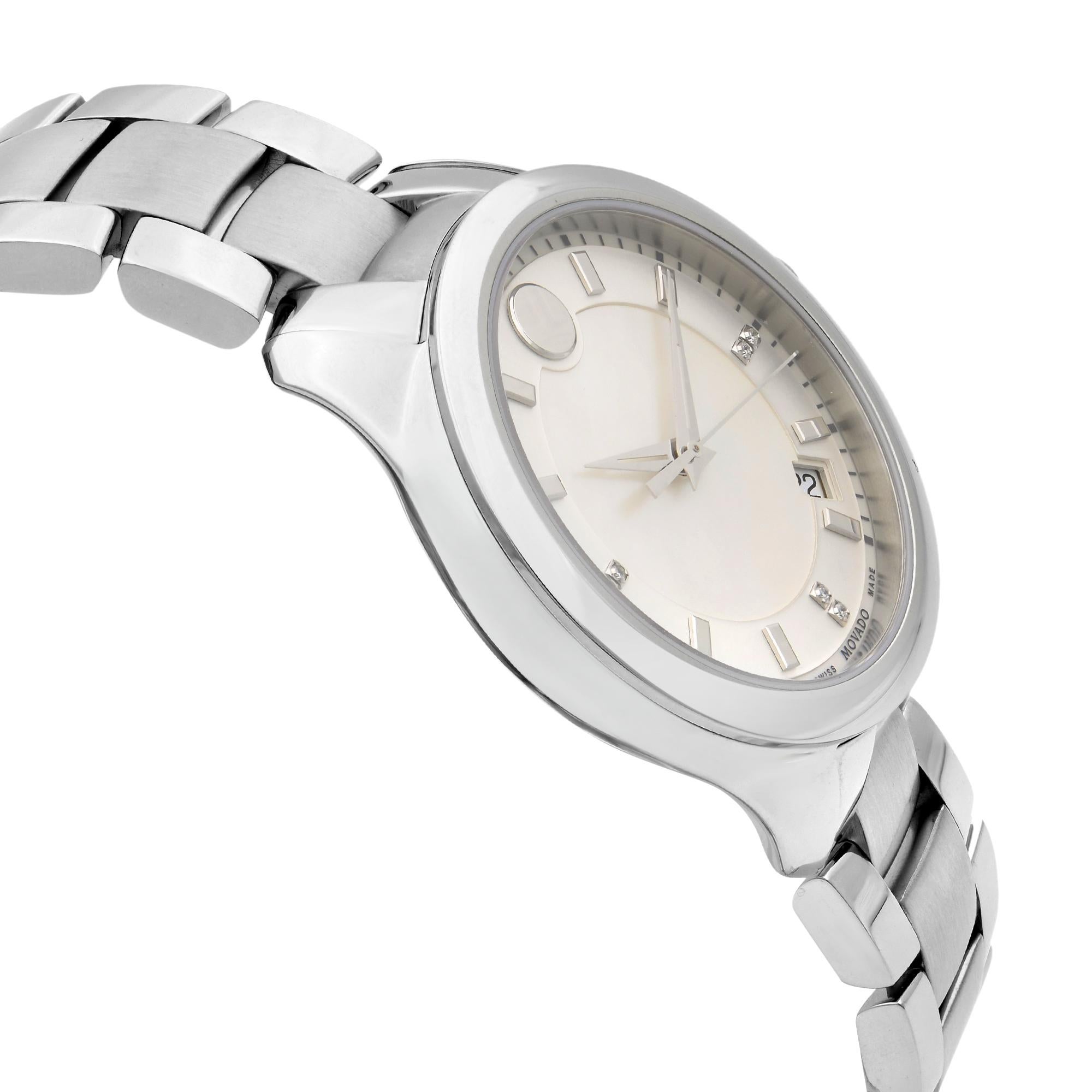Women's Movado Bellina Stainless Steel White Mother of Pearl Dial Ladies Watch 0606978