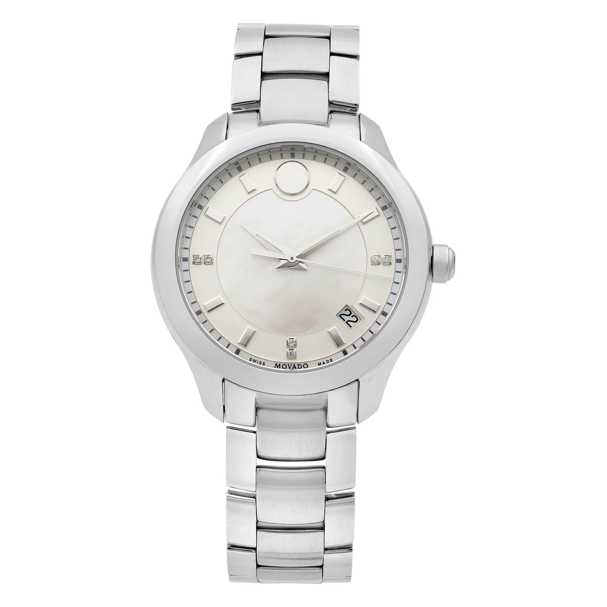 Movado Bellina Stainless Steel White Mother of Pearl Dial Ladies Watch 0606978