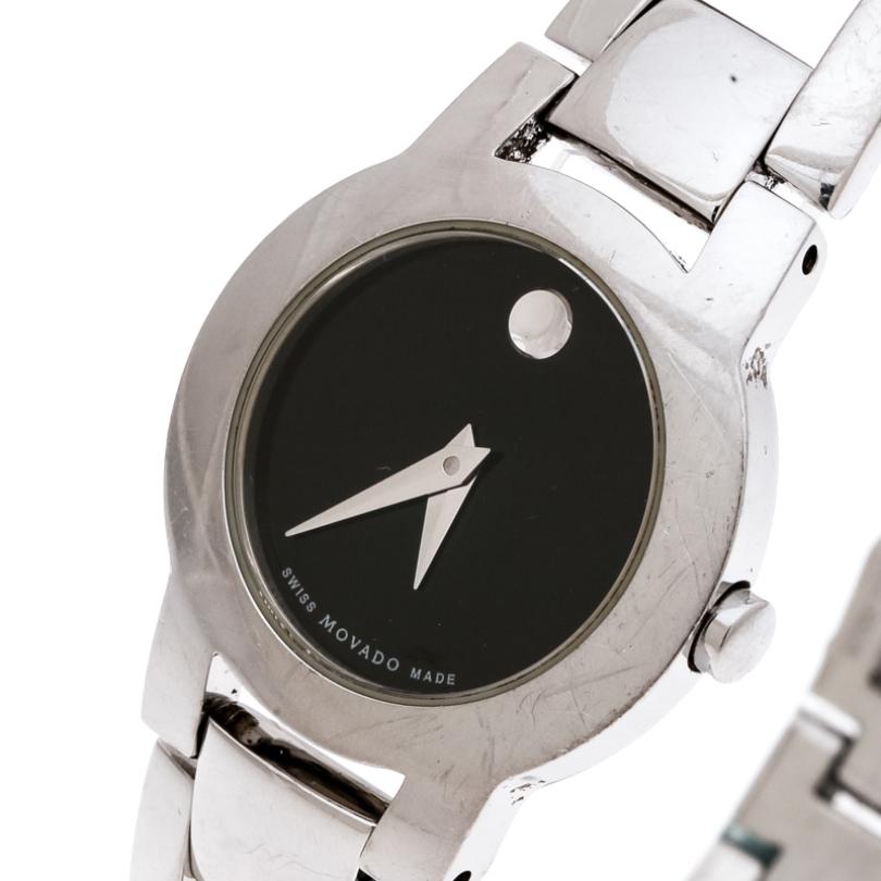 Your everyday style deserves a luxury touch like this wristwatch from Movado. It is made from stainless steel and designed with a plain black dial set with two sharp hands and protected by sapphire crystal. The watch is topped with a water