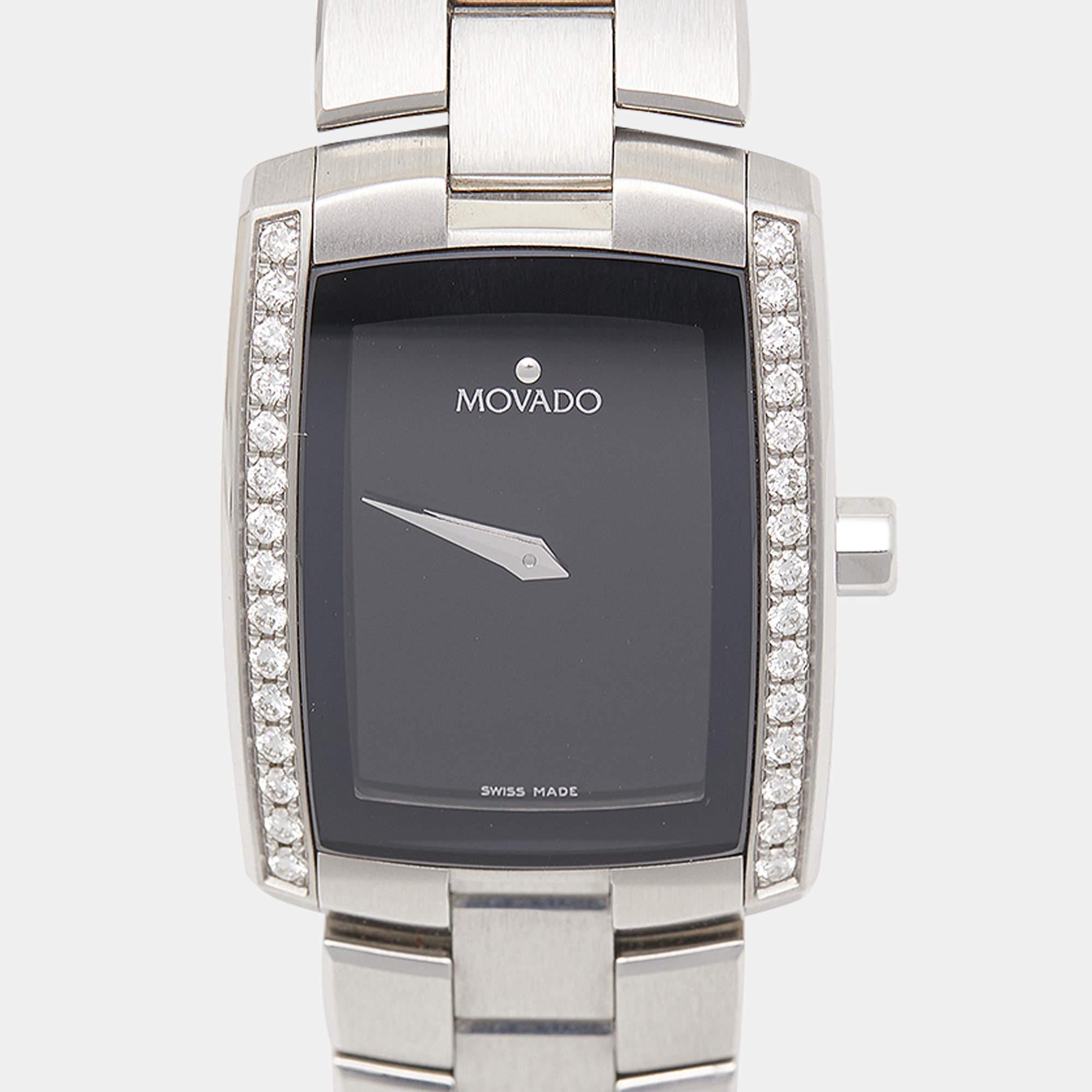 Uncut Movado Black Stainless Steel Diamonds Eliro 84 C1 1434 S Women's Wristwatch 23 