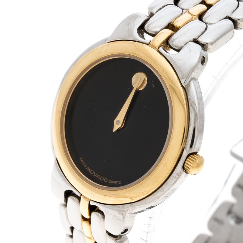 Von Movado kommt diese charmante Uhr, die ideal für den täglichen Gebrauch ist. Sie wird in der Schweiz hergestellt, hat ein zweifarbiges Stahlgehäuse und arbeitet mit einem Quarzwerk. Das schwarze Zifferblatt hat keine Indexe und nur zwei Zeiger,