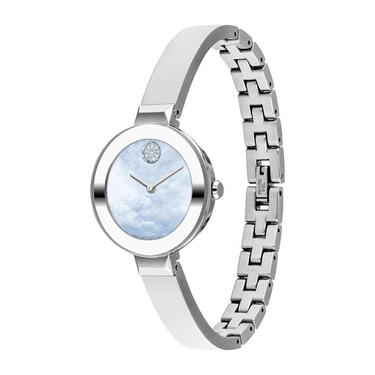 Movado Bold 28mm Blue Mother of Pearl Dial Stainless Steel Ladies Watch 3600937

Movado BOLD, 28mm stainless steel case & bangle with a blue toned mother-of-pearl dial.

Mother-of-Pearl dials may vary in color as each piece is unique making every
