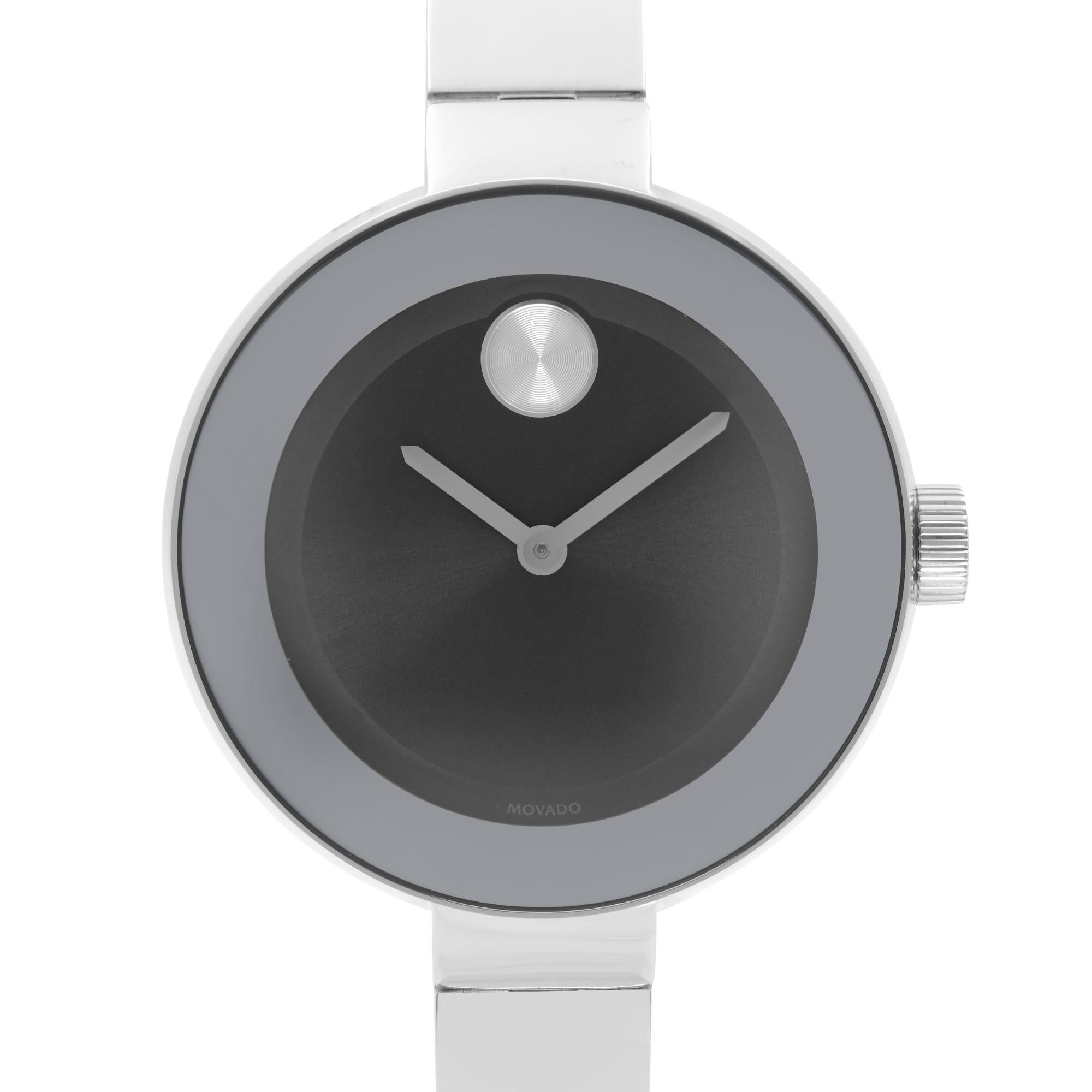 Display Model Movado Bold Black Dial Stainless Steel Ladies Watch 3600424. This Beautiful Timepiece is Powered by Quartz (Battery) Movement And Features: Round: Stainless Steel Case Silver-Tone Stainless Steel Bracelet. Fixed Stainless Steel Bezel.