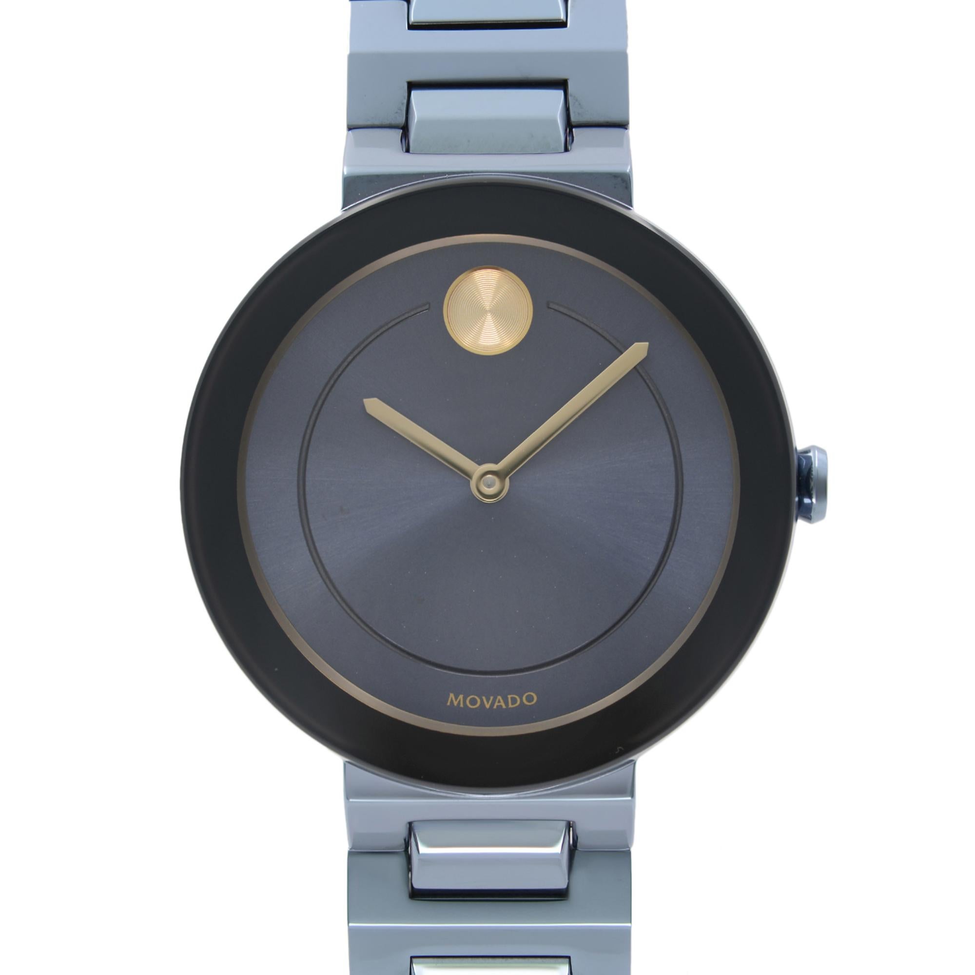 Display Model Movado Bold 34mm Ion-Plated Steel Blue Dial Quartz Ladies Watch 3600499. Watch has Insignificant Minor Blemishes Due to Store Handling. This Beautiful Timepiece Features: Blue Ion-Plated Stainless Steel Case and Bracelet, Fixed Blue