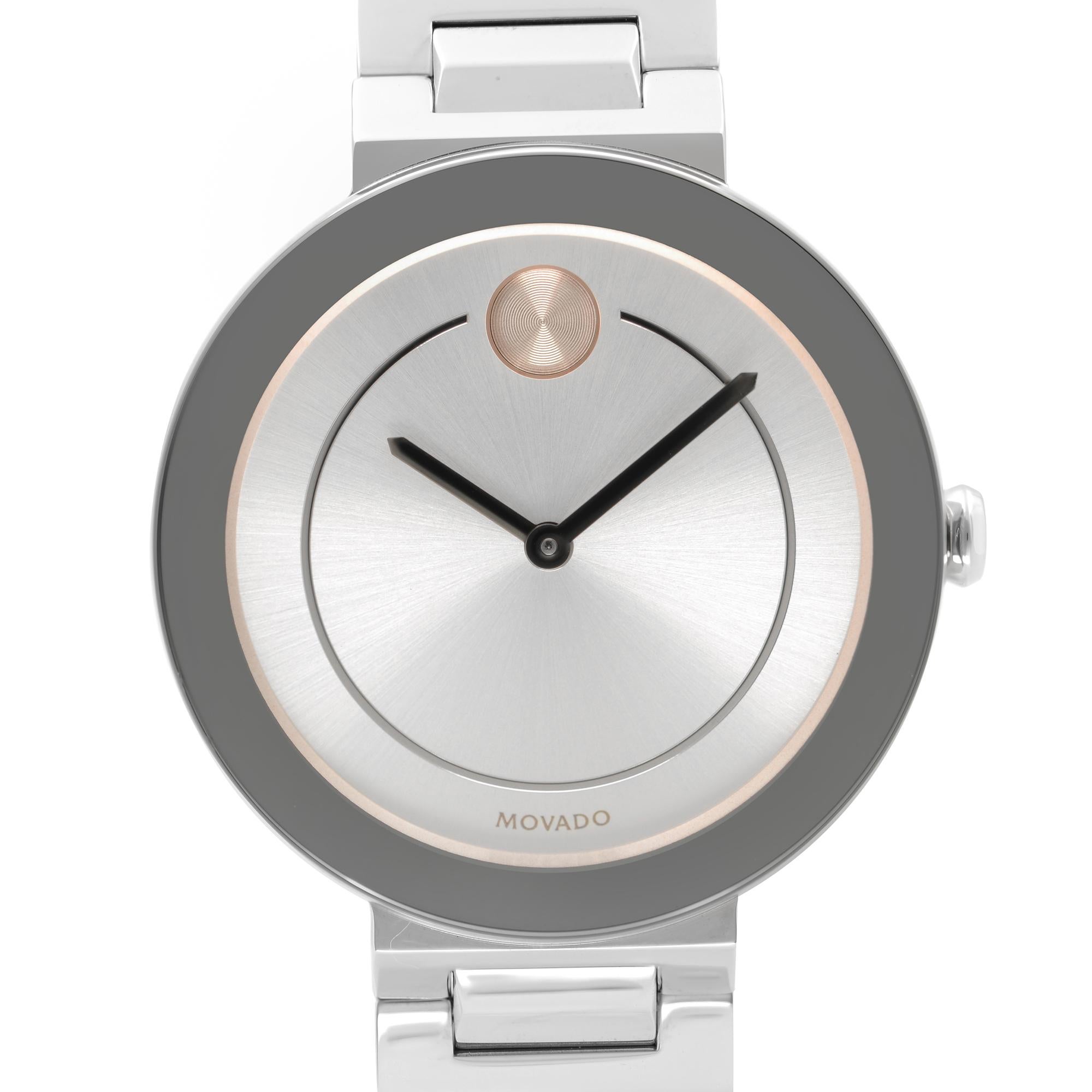 Display Model Movado Bold Stainless Steel Silver Dial Ladies Quartz Watch 3600497. The Watch May have Minor Blemish on the Crystal and Case Back. This Beautiful Timepiece is Powered by Quartz (Battery) Movement And Features: Round Stainless Steel