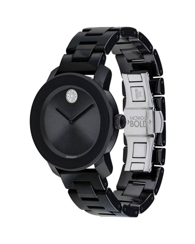 Movado Bold 36mm Black Dial Ceramic Ladies Watch 3600535

Brand: Movado
Series: Bold
Gender: Women's
Case Material: Ceramic
Case Shape: Round
Case Diameter: 36mm
Case Thickness: 7mm
Case Back: Solid
Bezel: Fixed
Crystal: K1 Mineral
Crown: