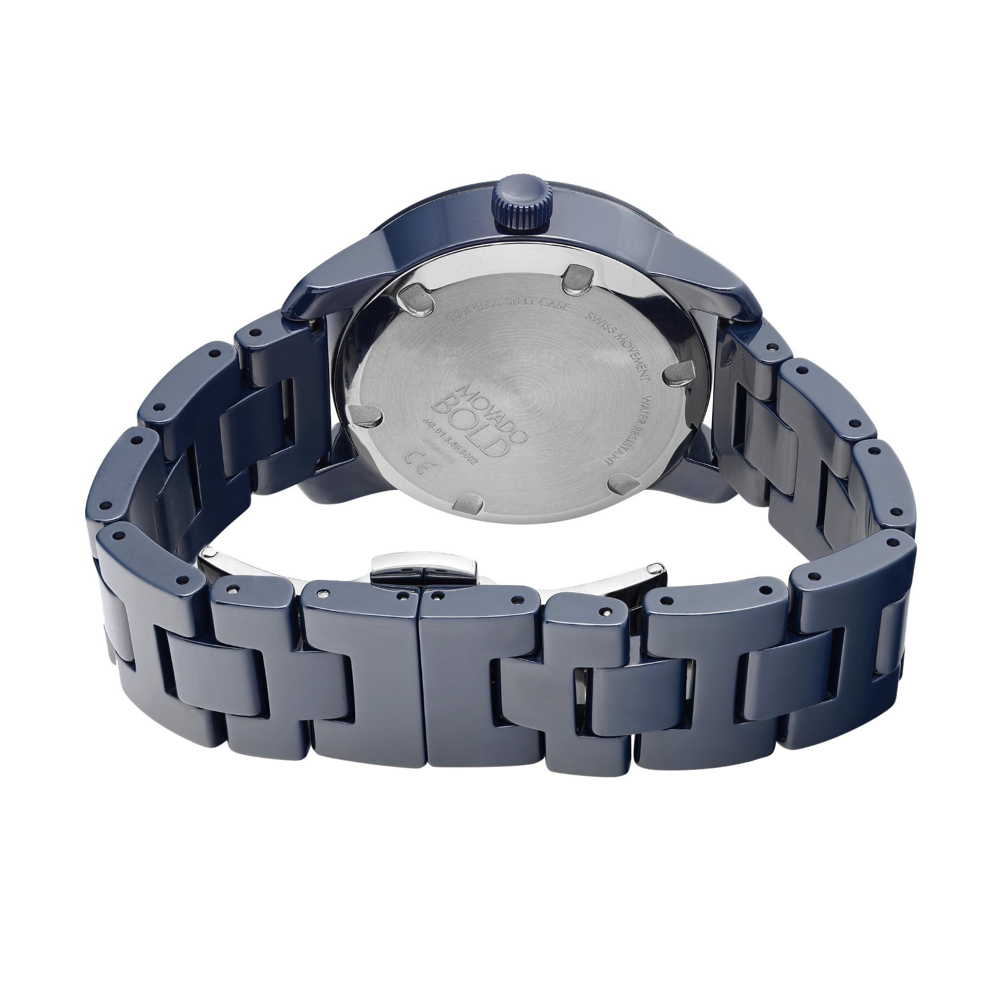 Movado Bold Ceramic Crystal Dot Navy Blue Dial Quartz Ladies Watch 3600756 In Excellent Condition In New York, NY
