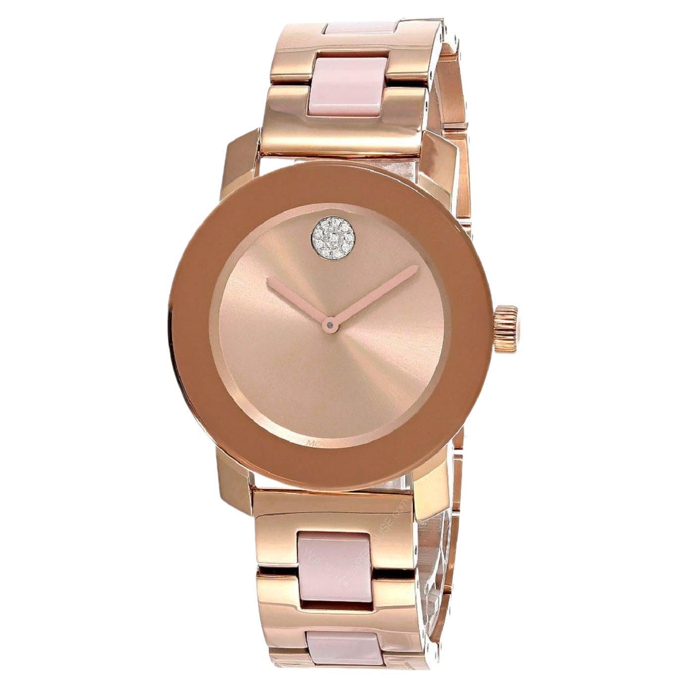 Movado Bold 36mm Rose Gold-tone Metallic Dial Ceramic Ladies Watch 3600639 For Sale