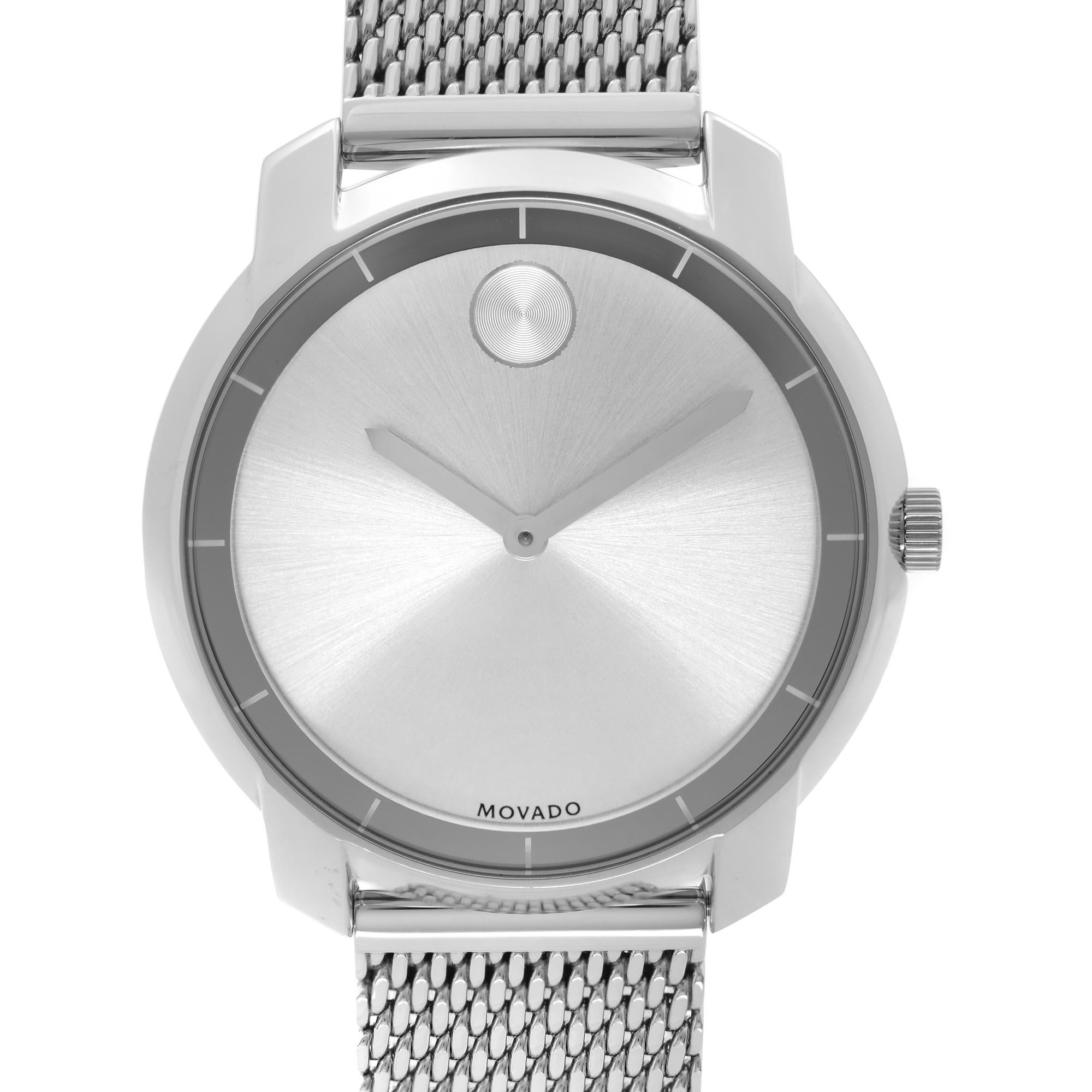 Display Model 36mm Movado Bold Stainless Steel Silver Dial Steel Mesh Ladies Quartz Watch 3600241. This Beautiful Timepiece Features: Stainless Steel Case with Stainless Steel Mesh Bracelet, Fixed Stainless Steel Bezel, Silver-Tone Dial with