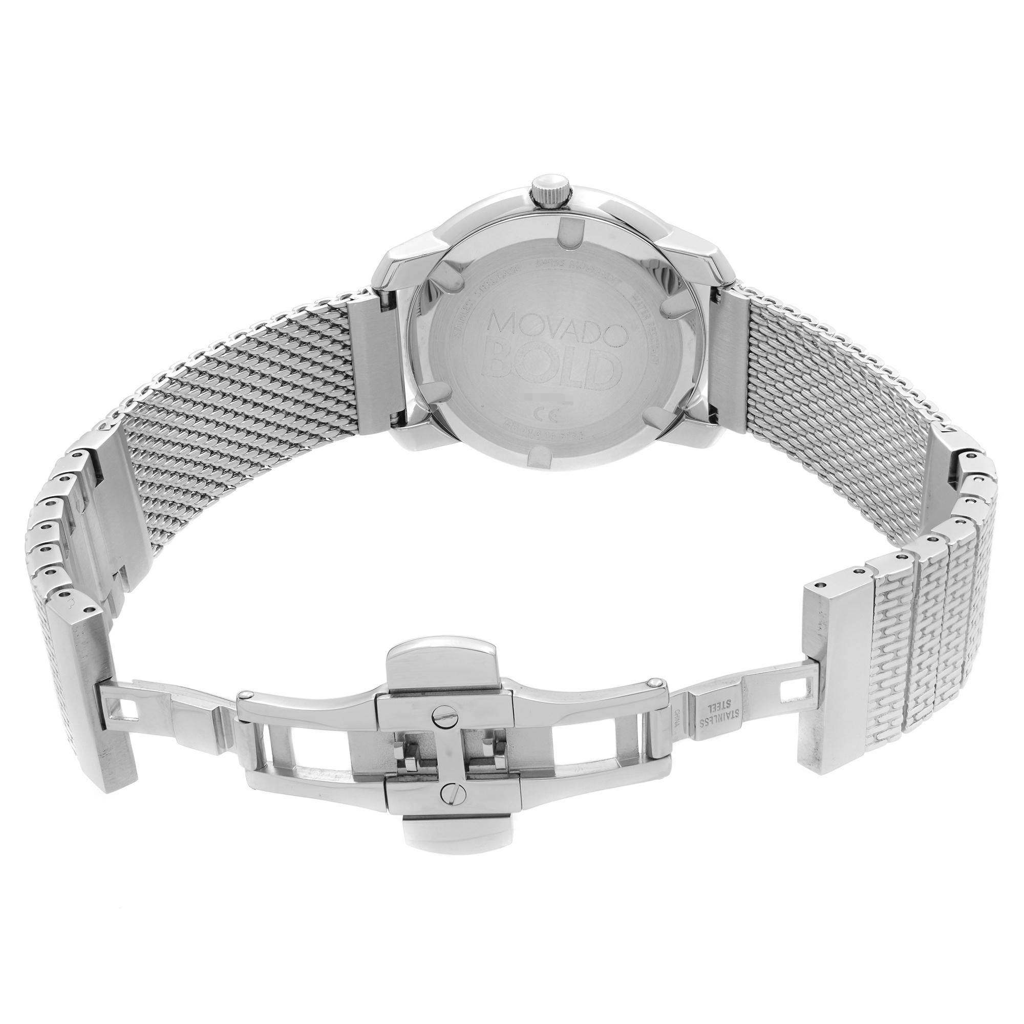 Movado Bold 36mm Steel Silver Dial Mesh Bracelet Ladies Quartz Watch 3600241 In New Condition For Sale In New York, NY