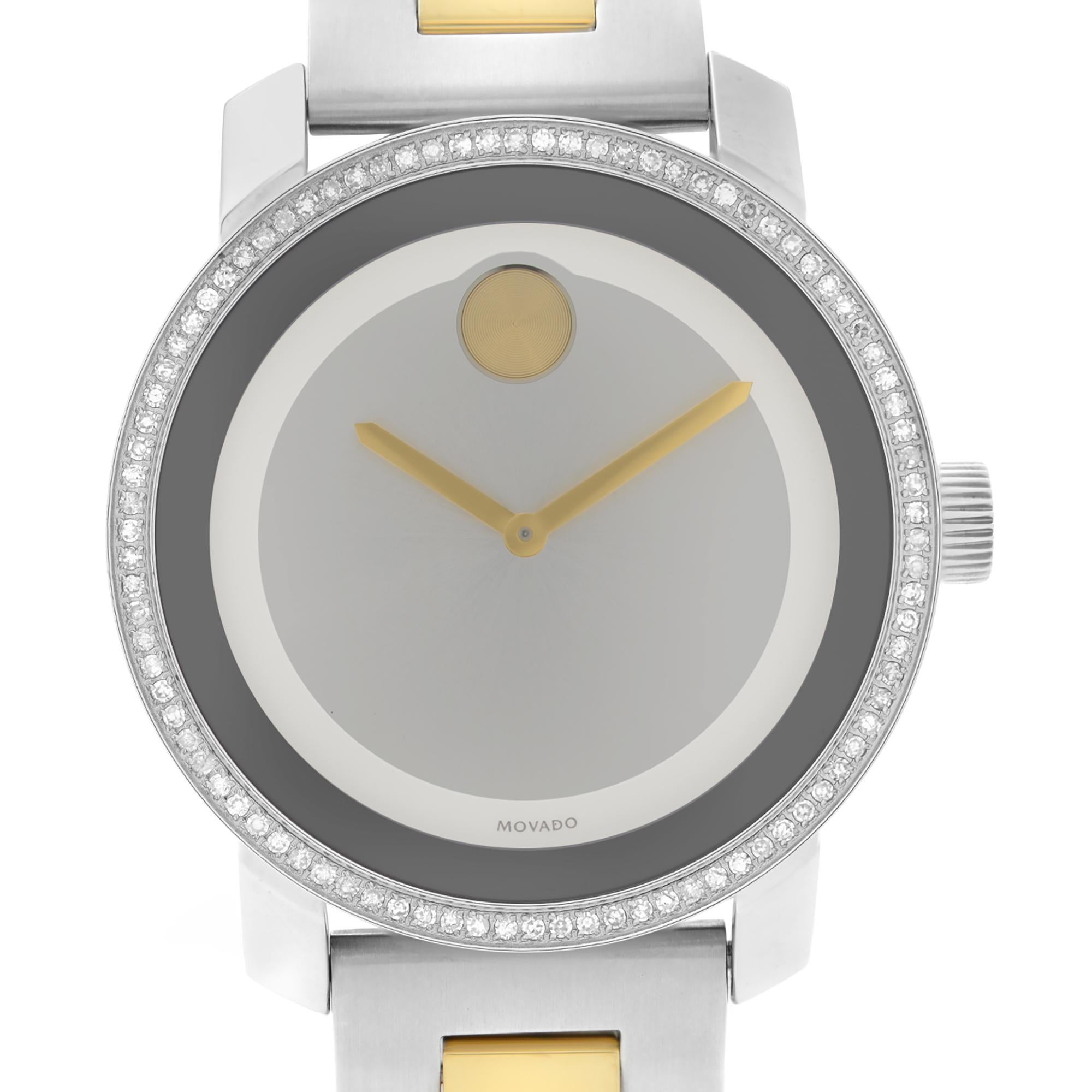 New With Defects Movado Bold 36mm Two-Tone Steel Diamond Silver Dial Quartz Ladies Watch 3600451. Timepiece Has Micro Scratches on Gold Tone Links. This Beautiful Timepiece Features: Stainless Steel Case with a Two-Tone Stainless Steel Bracelet,
