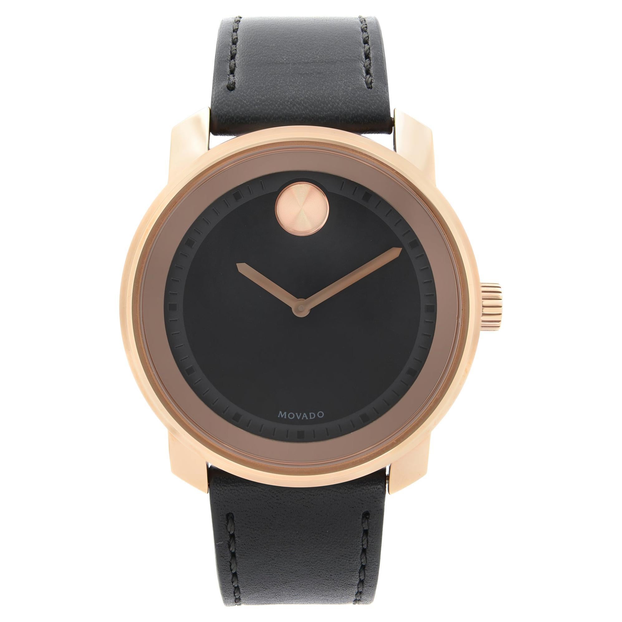 Movado Bold 42.5mm Gold PVD Steel Leather Black Dial Mens Quartz Watch 3600376