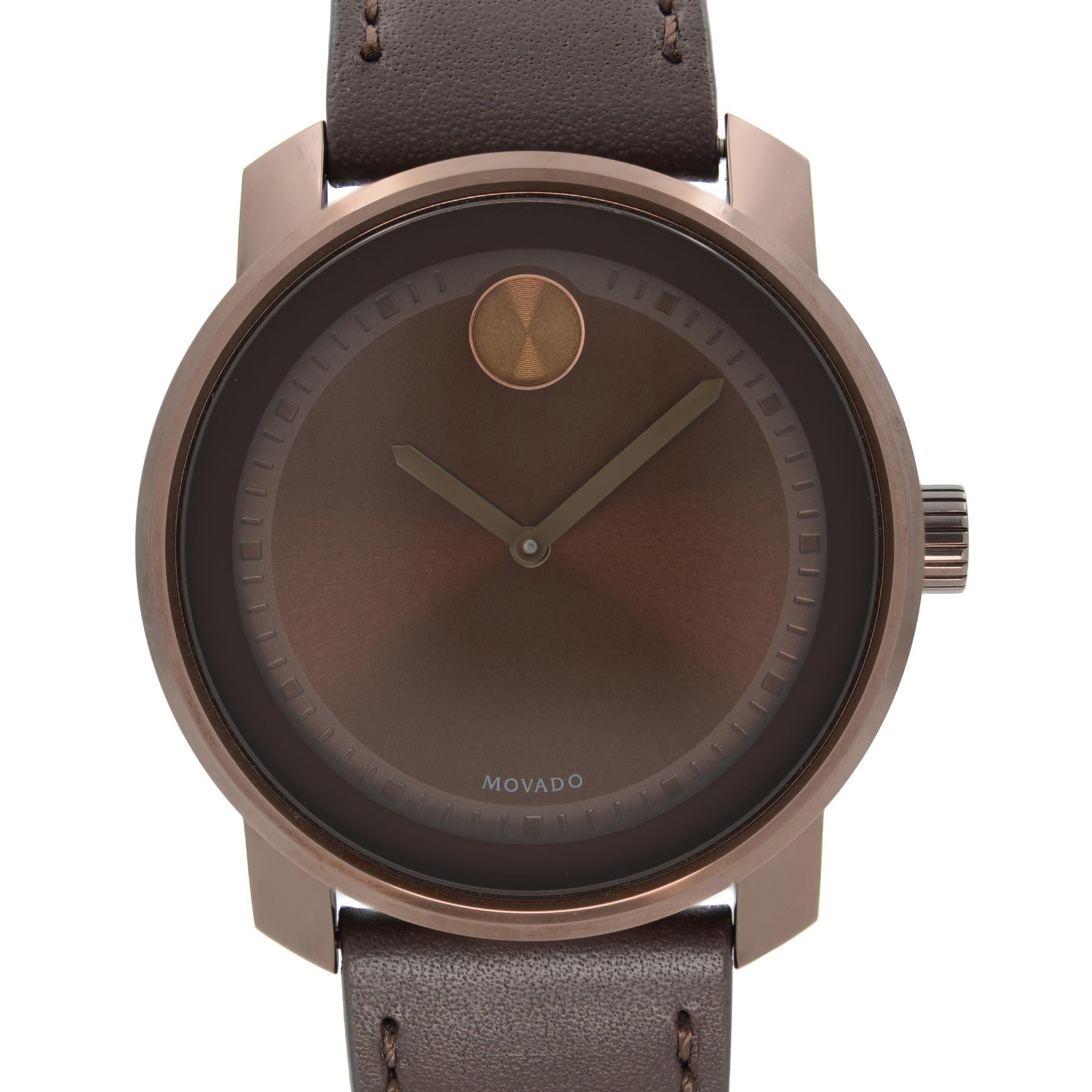 Never Worn Movado Bold Unisex Watch 3600377. This Beautiful Timepiece Features: Brown Ion-Plated Stainless Steel Case with a Brown Leather Strap. Original Box and Papers are Included. Covered by 1-year Chronostore Warranty. 
Details:
MSRP 595
Brand