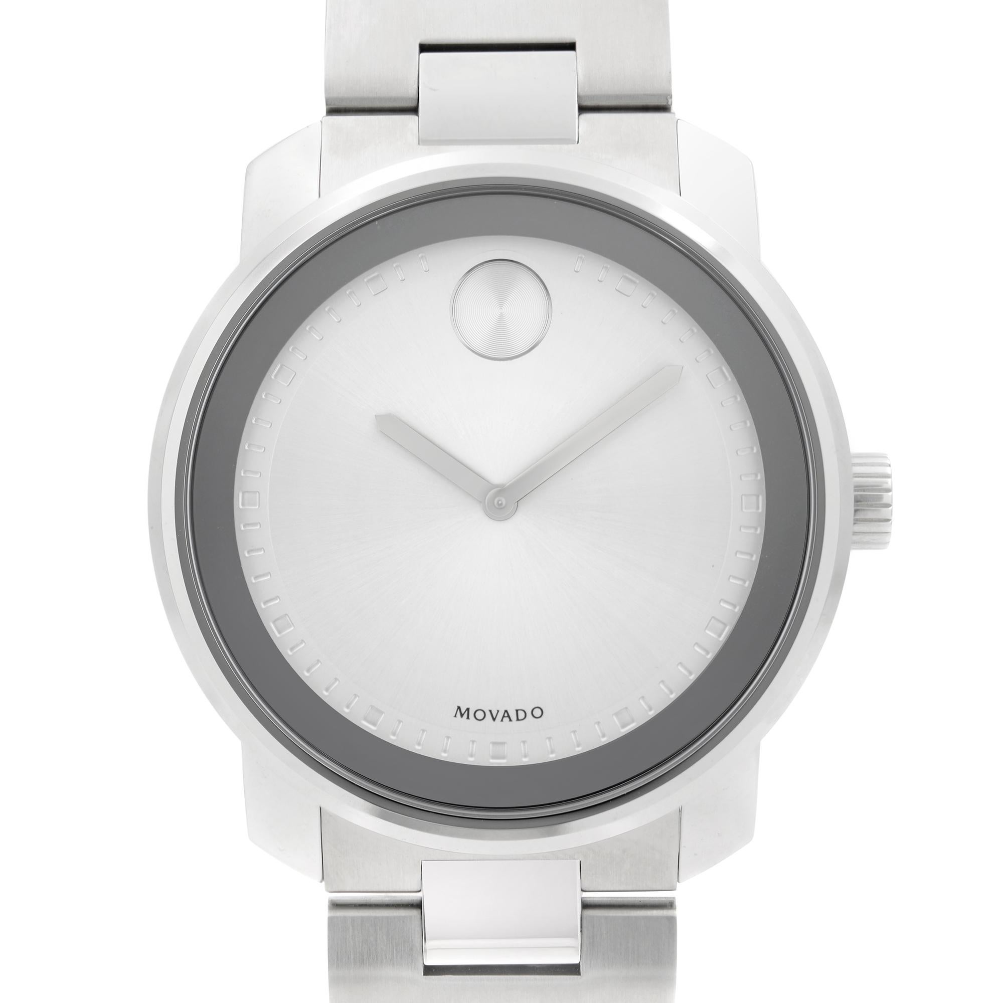 Unworn Movado Bold Stainless Steel Silver Dial Quartz Men's Watch 3600257. This Beautiful Timepiece Features: Stainless Steel Case and Bracelet. Fixed Stainless Steel Bezel. Silver Dial with Silver-Tone Hand, And Index Hour Markers. Comes with