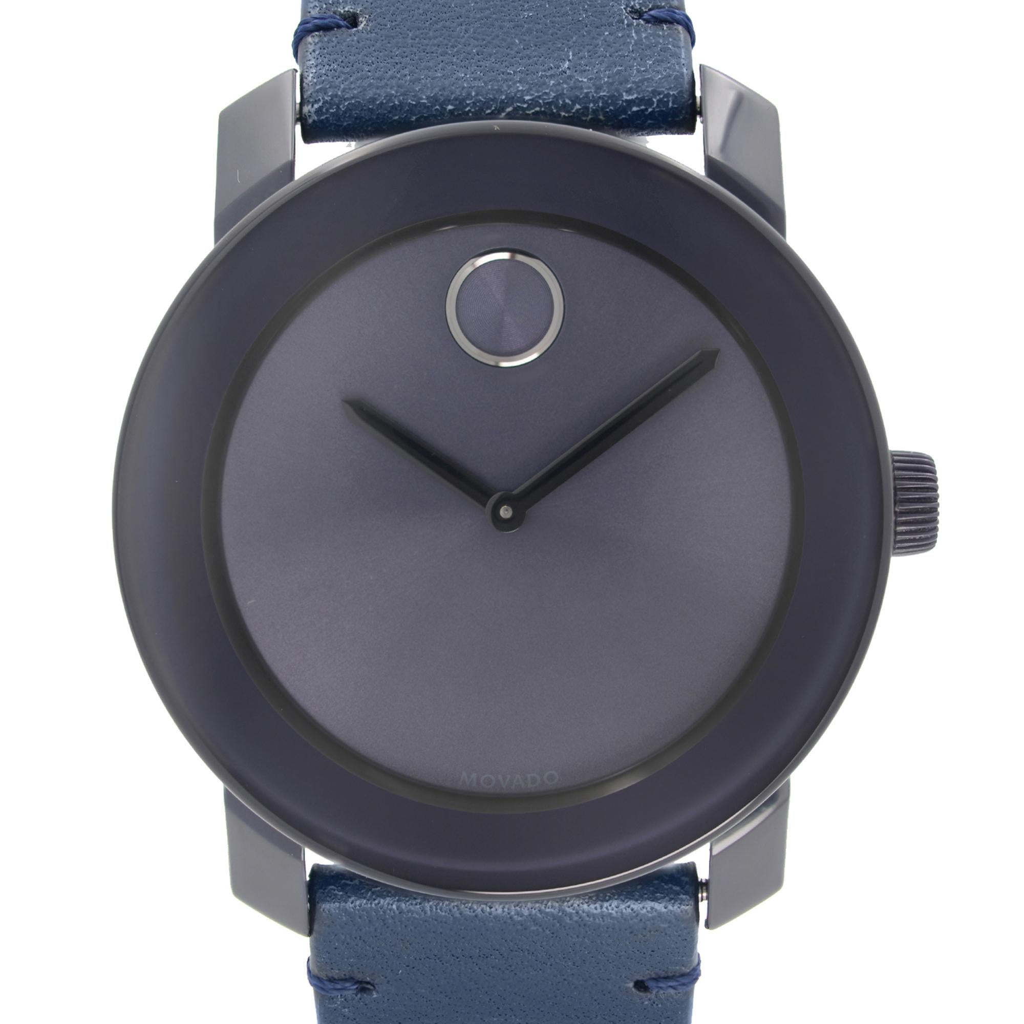 Pre Owned Movado Bold Steel Navy Blue Dial Leather Strap Men's Quartz Watch 3600370. This watch was never owned but has a few insignificant blemishes on plastic surfaces and the inner side of the strap due to storage and aging. This Beautiful