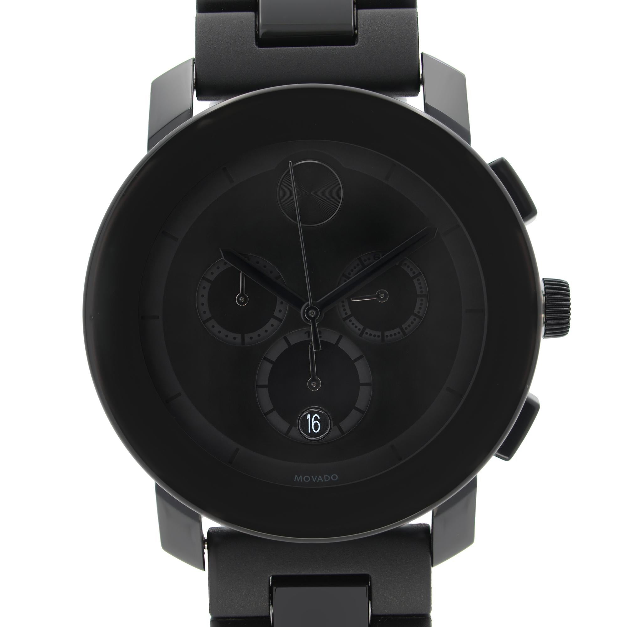 Display Model Movado Bold Chronograph Steel Plastic Resin Black Dial Quartz Men's Watch 3600048. This Beautiful Timepiece Features: Black Plastic and Stainless Steel Back Case with a Black TR90 Resin Bracelet with Plastic Center Links, Fixed Black