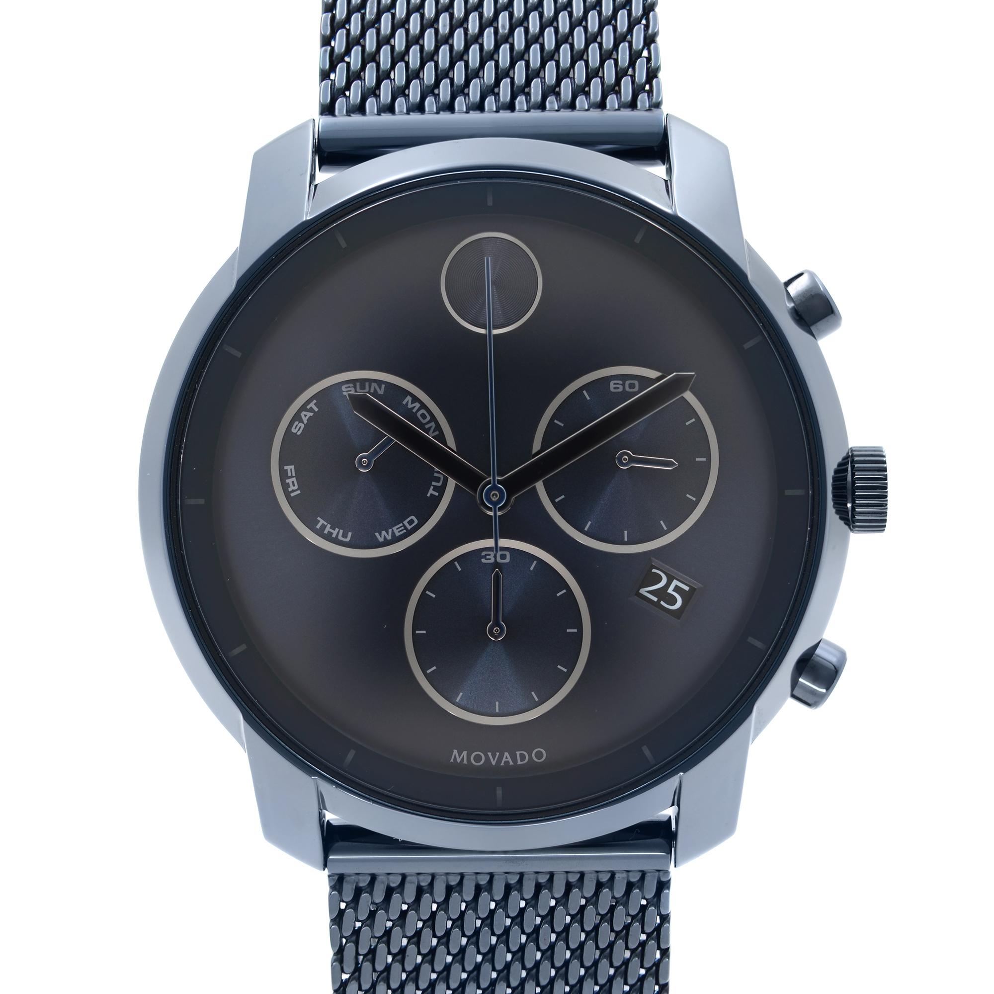 Pre-owned Movado Bold  3600403 is a beautiful men's timepiece that is powered by quartz (battery) movement which is cased in a stainless steel case. It has a round shape face, chronograph, date indicator, small seconds subdial dial and has hand