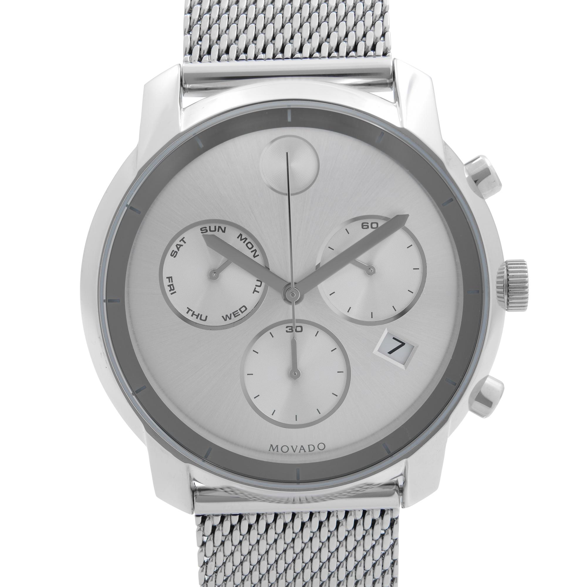 Unworn Movado Bold Chronograph Stainless Steel Silver Dial Quartz Men's Watch 3600371. This Beautiful Timepiece Features: Stainless Steel Case with a Mesh Stainless Steel Bracelet, Fixed Stainless Steel Bezel, Silver Dial with Silver-Tone Hands, And