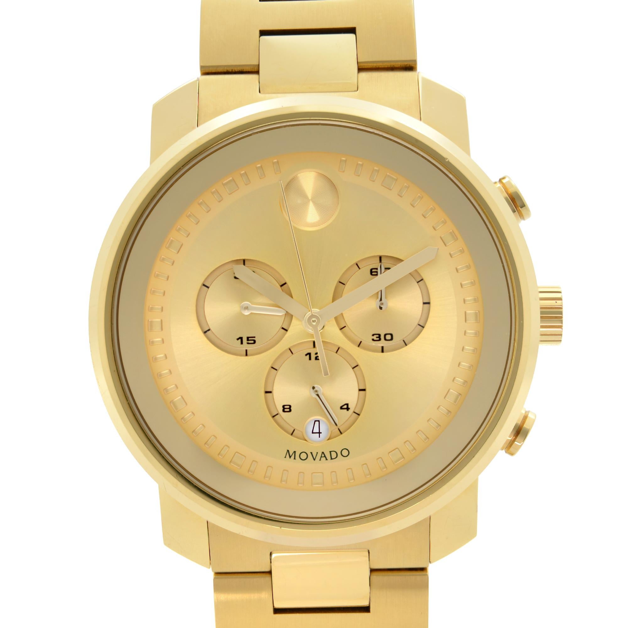 Pre Owned MOVADO Bold Champagne Dial Yellow Gold Ion-plated Men's Watch 3600278.  Yellow gold ion-plated stainless steel case and bracelet. Fixed yellow gold ion-plated bezel. Champagne dial with yellow gold-tone hands. Minute markers around the