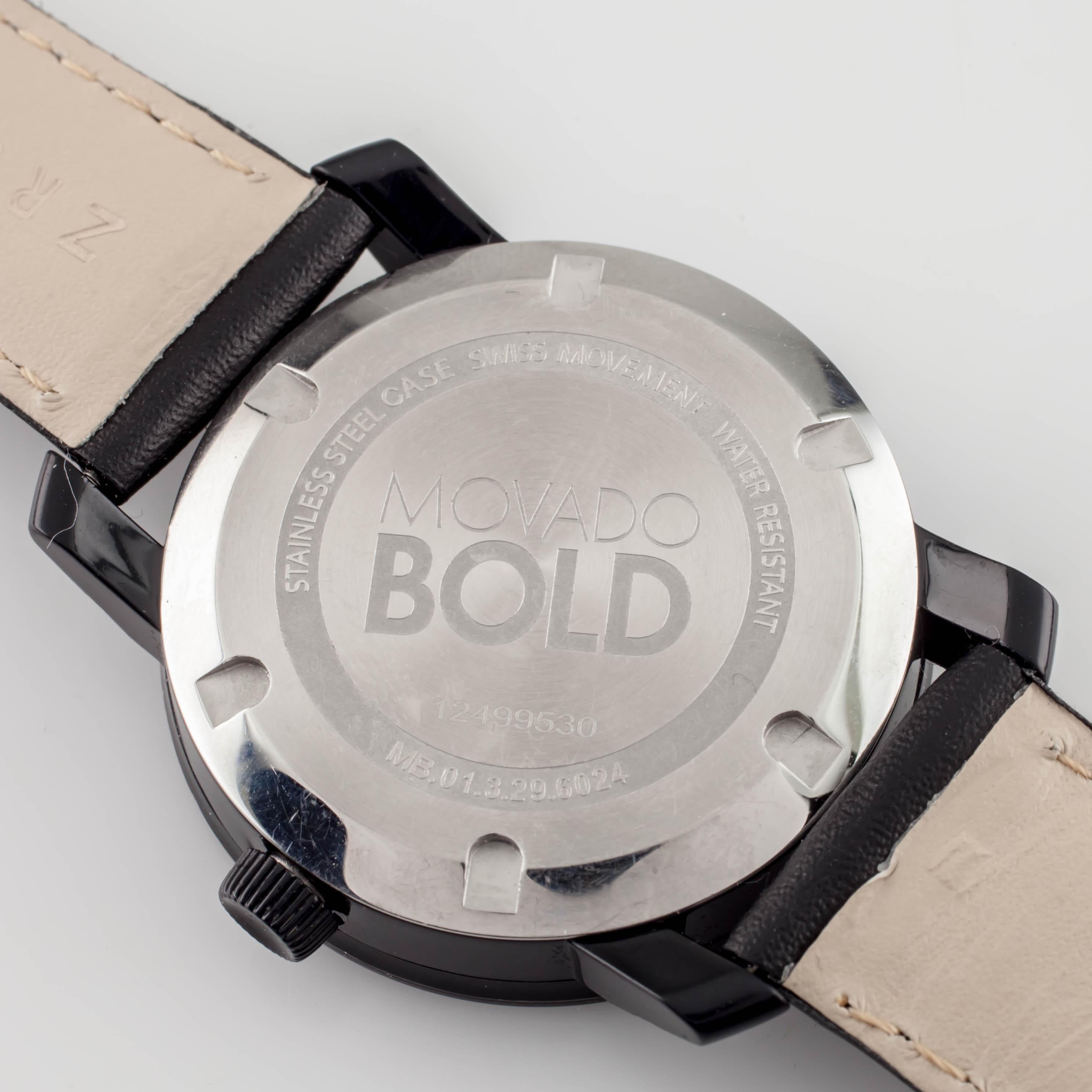Modern Movado Bold Black Stainless Steel Quartz Wristwatch w/ Black Leather Band For Sale