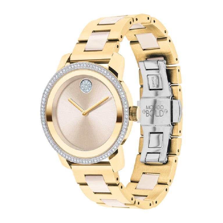 Movado Bold Ceramic 36mm Gold Dial Stainless Steel Ladies Watch 3600785

This cool, contemporary timepiece looks as good as it feels thanks to sleek ceramic accents. We’ve combined pale yellow gold tone ion-plated stainless steel with chic taupe