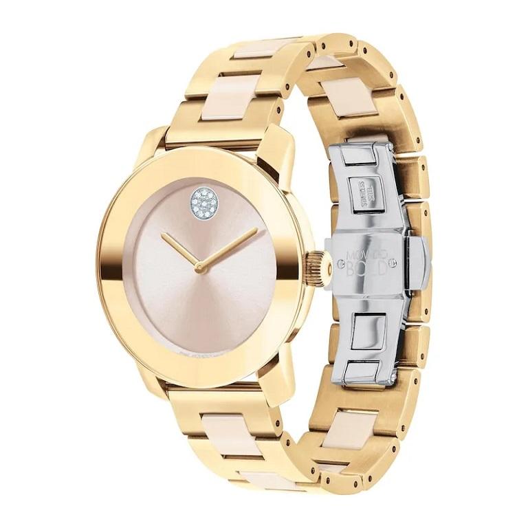 Movado Bold Ceramic 36mm Pale Gold Ionic Plated Stainless Steel Watch 3600800

Movado bold 36 mm. Pale yellow gold case and bracelet with beige ceramic centerlinks and beige dial. Quartz movement. Case size 36 mm. Water resistant up to 30 meters. K1