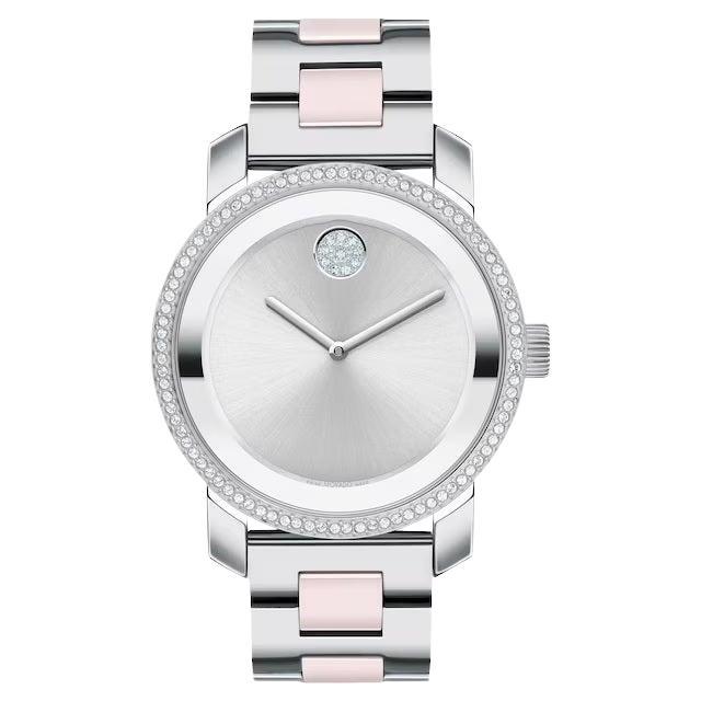 Movado: Edelstahl-Damenuhr 3600784 mit kühnem Keramik-Zifferblatt und 36 mm Silber-Zifferblatt