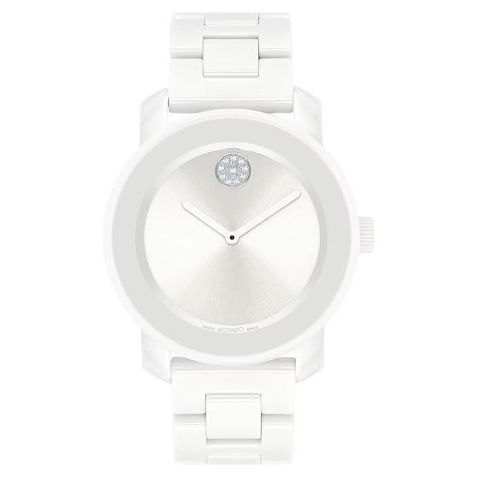 Movado Bold Ceramic 36mm Edelstahl-Uhr 3600802 mit silbernem und weißem Zifferblatt im Angebot