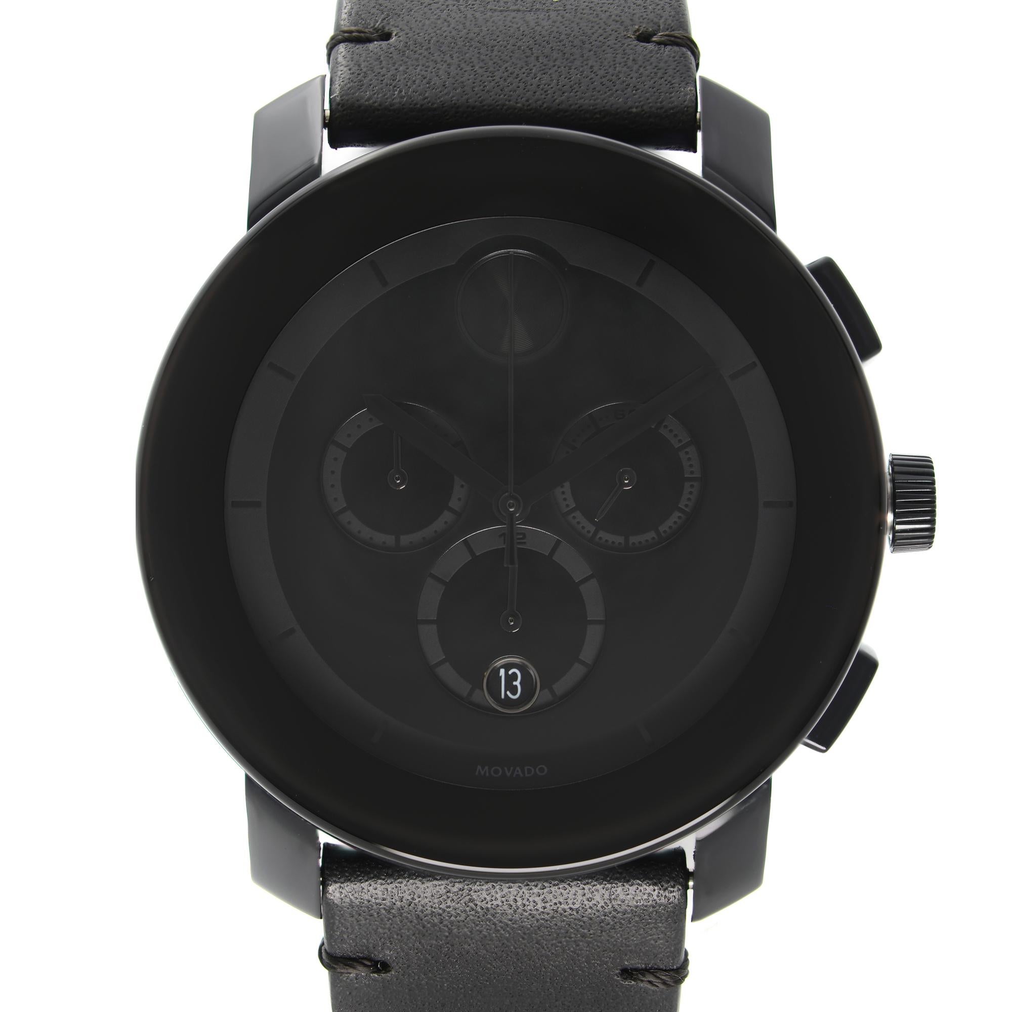 Pre-owned Movado Bold Chronograph Black Ion-Plated Steel Black Dial Quartz Men's Watch 3600337. The Watch Has Minor Scratches on the Case and Moderate Signs of Wear on the band. Comes with Original Box and Chronostore Authenticity Card. Covered by