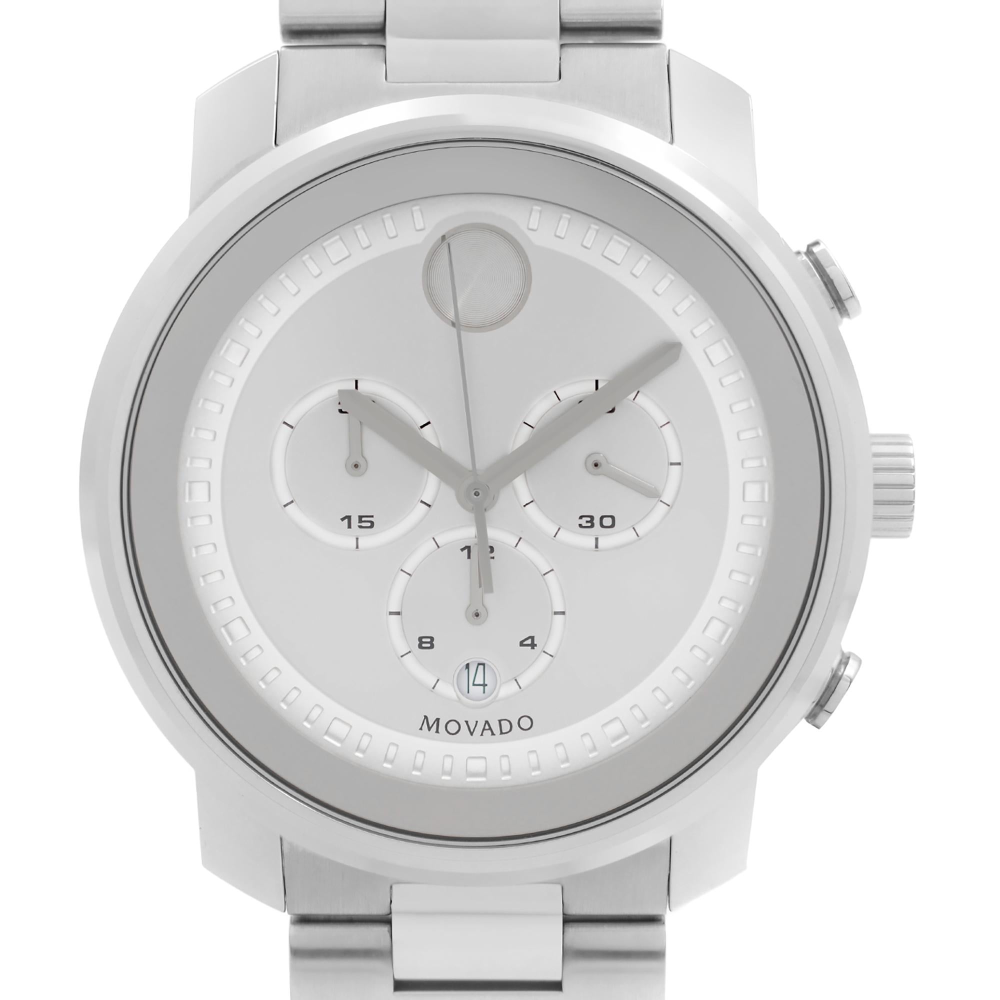 Store Display Model Movado Bold Chronograph Stainless Steel Silver Dial Quartz Men's Watch 3600276. The Watch Has Minor Blemishes on the Caseback. This Beautiful Timepiece is Powered by Quartz (Battery) Movement And Features: Round Stainless Steel