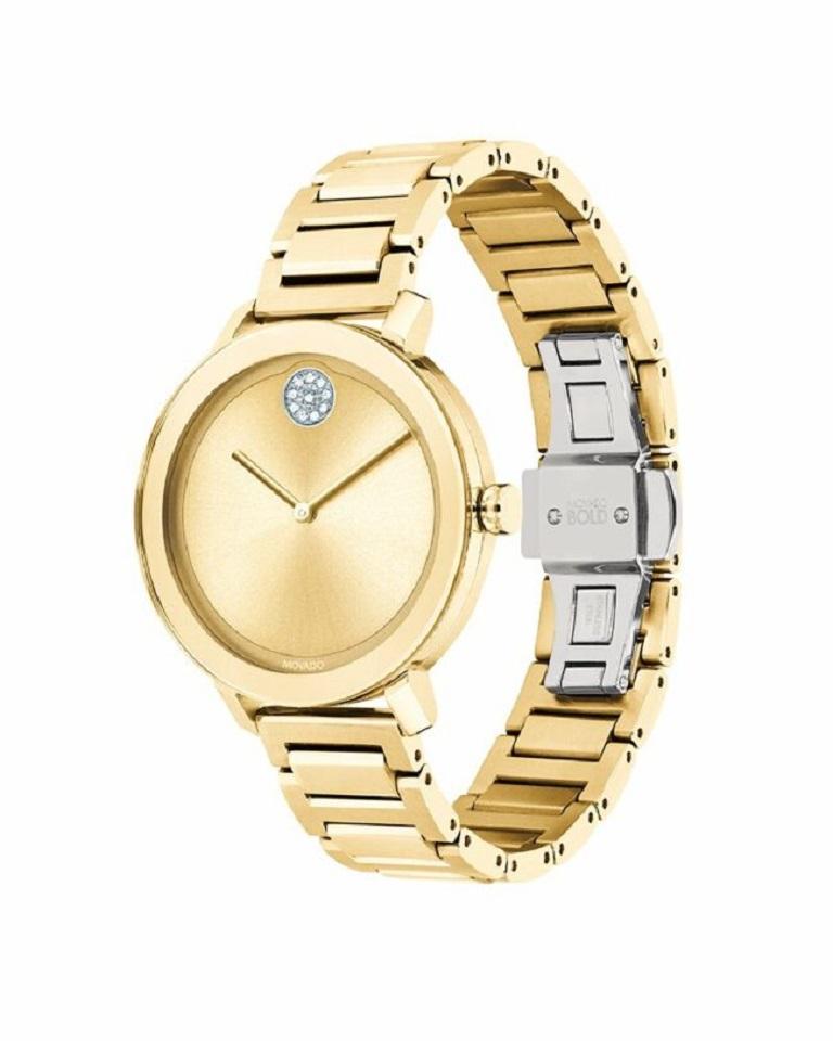 Brand: Movado
Series: Bold
Sub Series: Evolution
Gender: Women's
Case Material: Stainless Steel
Case Shape: Round
Case Diameter: 34mm
Case Thickness: 10mm
Case Back: Solid
Bezel: Fixed
Crystal: K1 Mineral
Crown: Pull/Push
Dial Color: Yellow