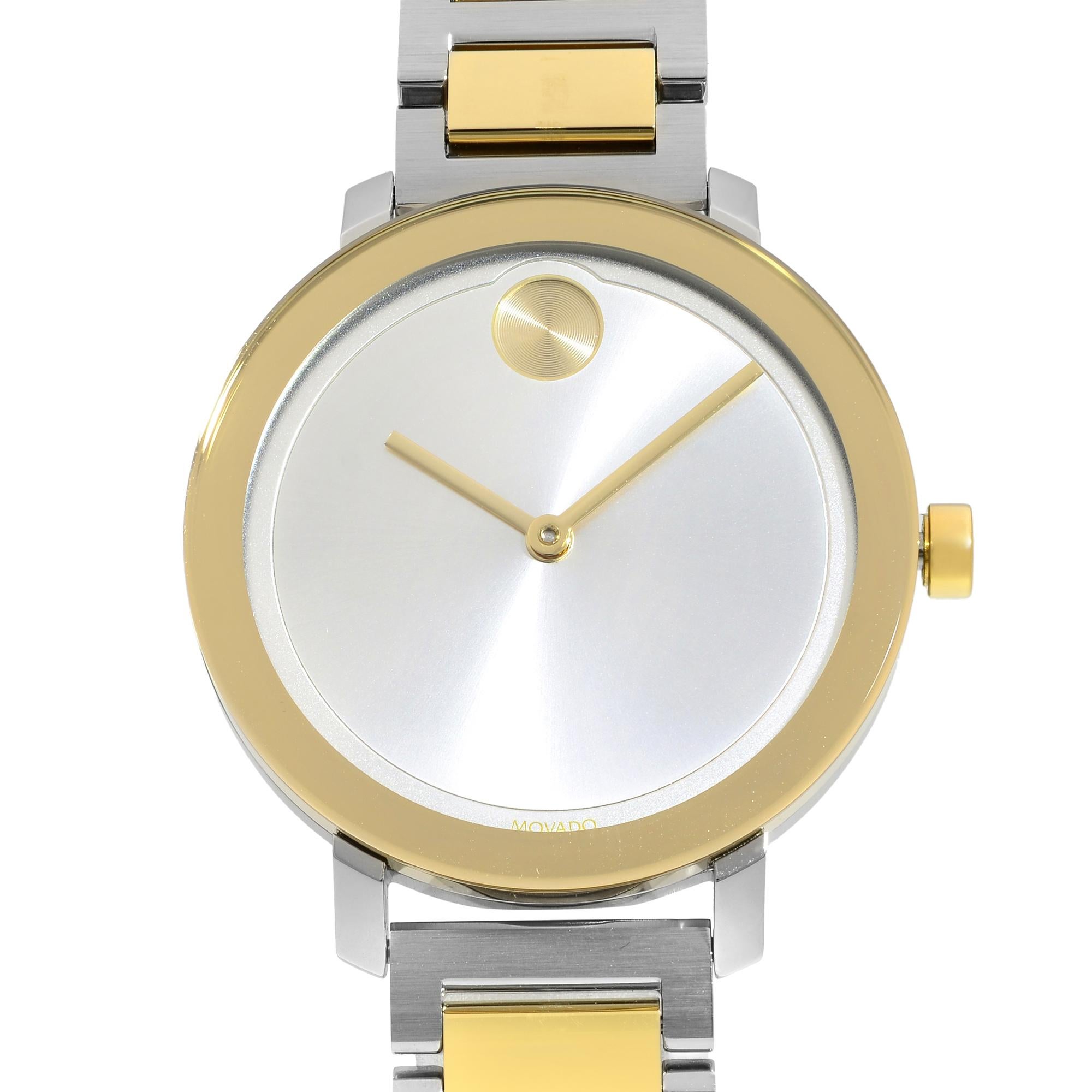 This display model Movado Bold 3600651 is a beautiful Ladie's timepiece that is powered by quartz (battery) movement which is cased in a stainless steel case. It has a round shape face, no features dial and has hand unspecified style markers. Case