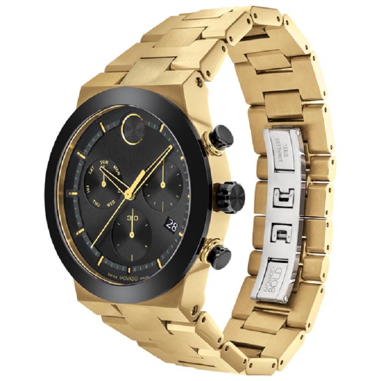 Movado Bold Fusion 44mm Black Dial Stainless Steel Men's Watch 3600858

Movado BOLD Fusion, 44mm pale yellow gold ion-plated stainless steel case and bracelet with a black and pale yellow gold-toned accented chronograph dial, ceramic bezel and date